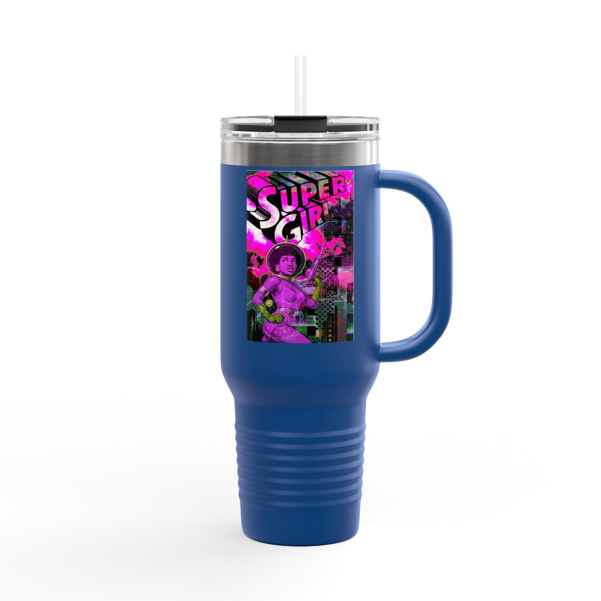 40oz Travel Mug — Neon 'Super Girl' Retro Comic Design