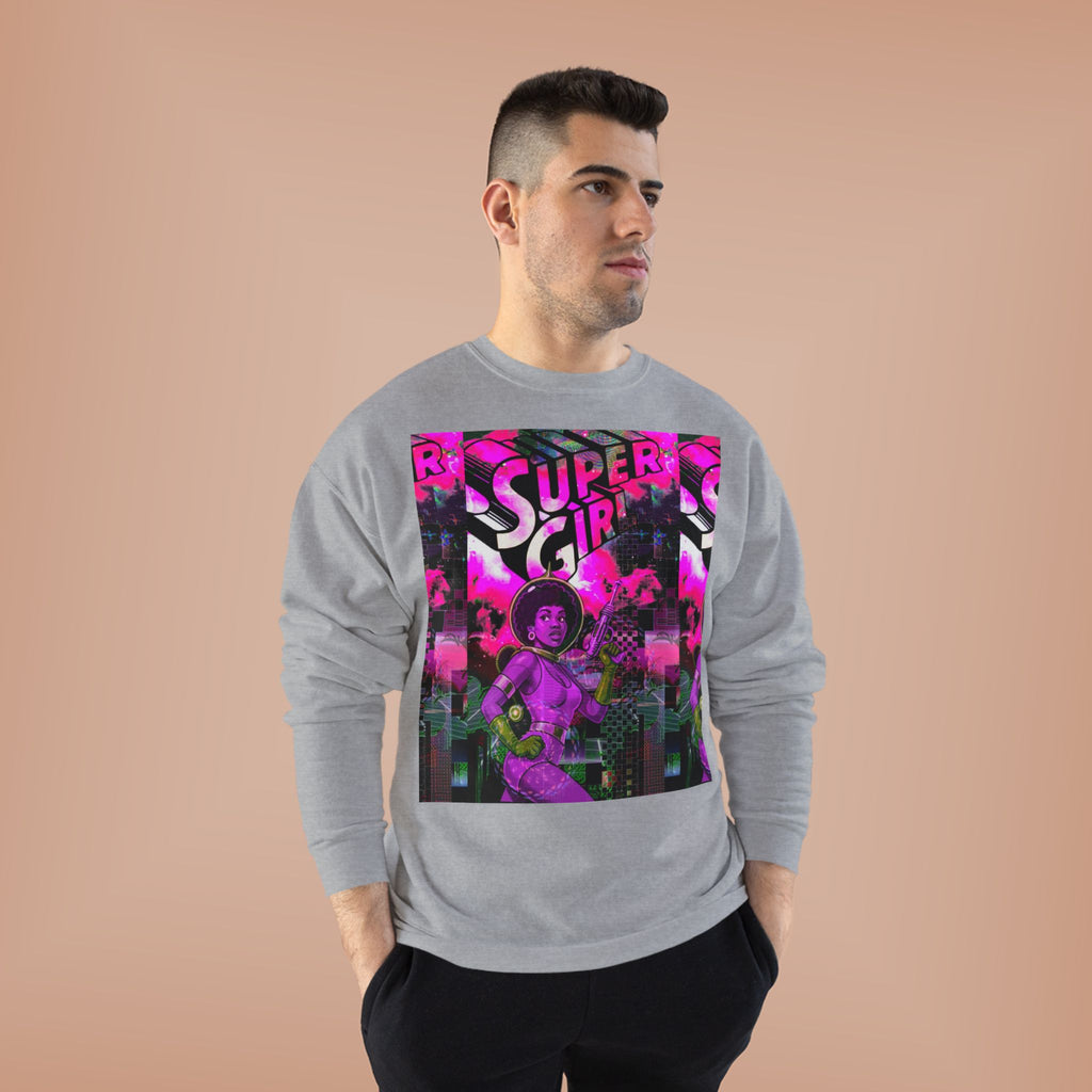 Super Girl Crewneck Sweatshirt — Retro Neon Comic Graphic