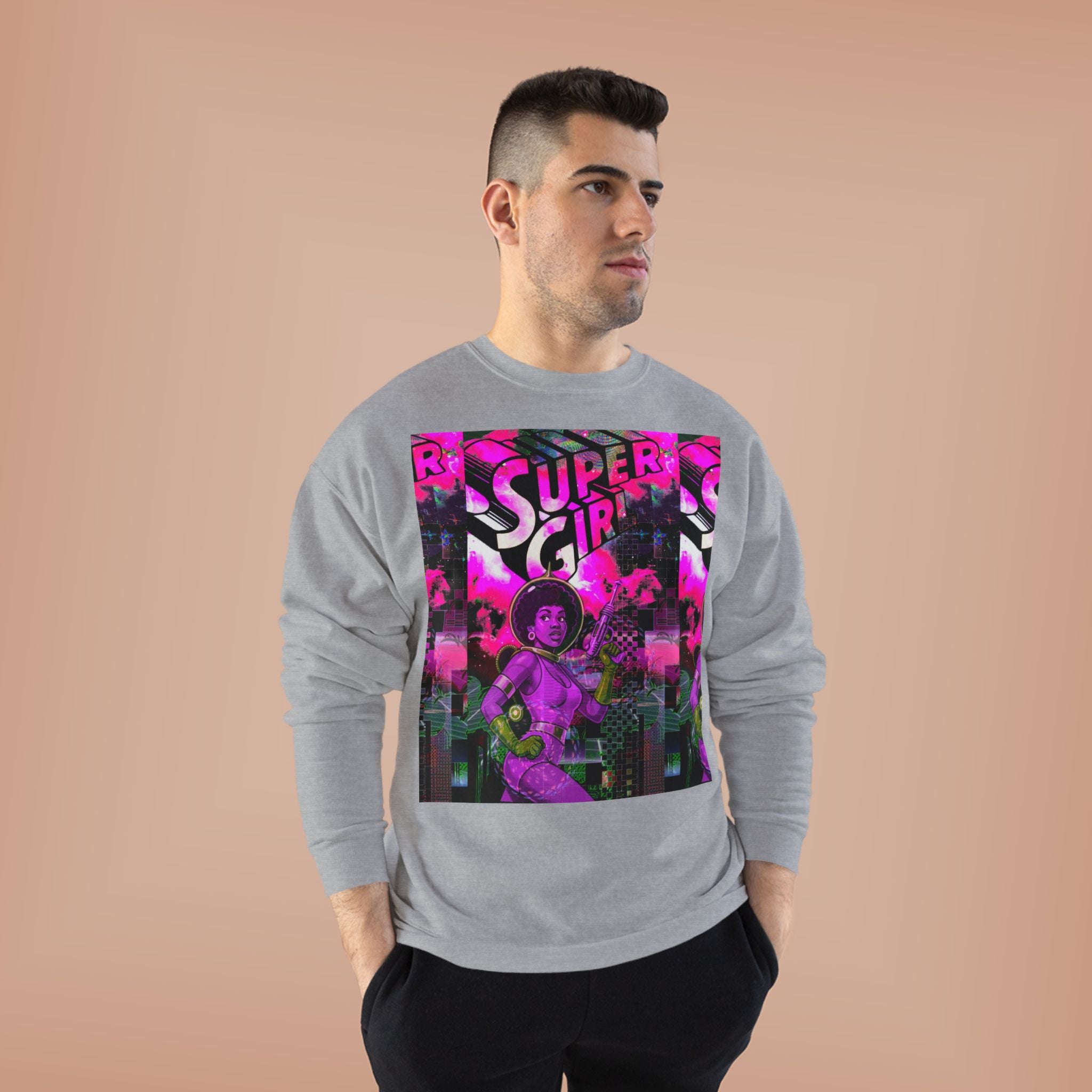 Super Girl Crewneck Sweatshirt — Retro Neon Comic Graphic