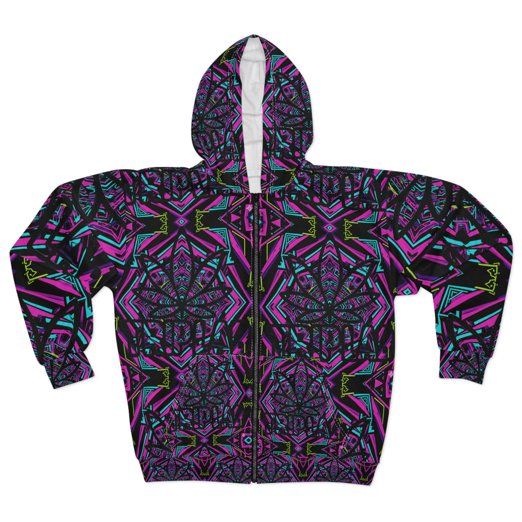 Kaleidoscope Neon Zip Hoodie — Psychedelic Geometric All-Over Print