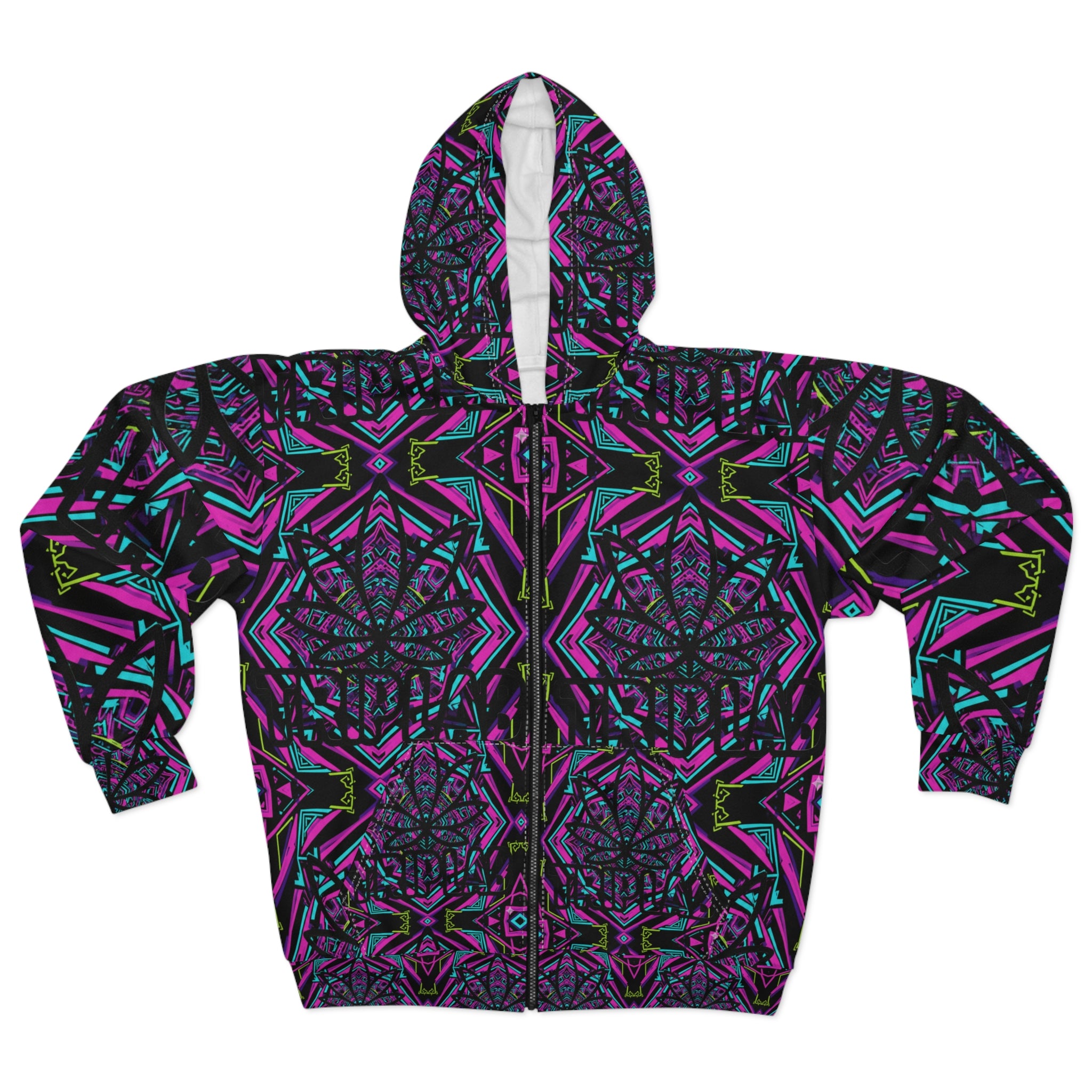 Kaleidoscope Neon Zip Hoodie — Psychedelic Geometric All-Over Print