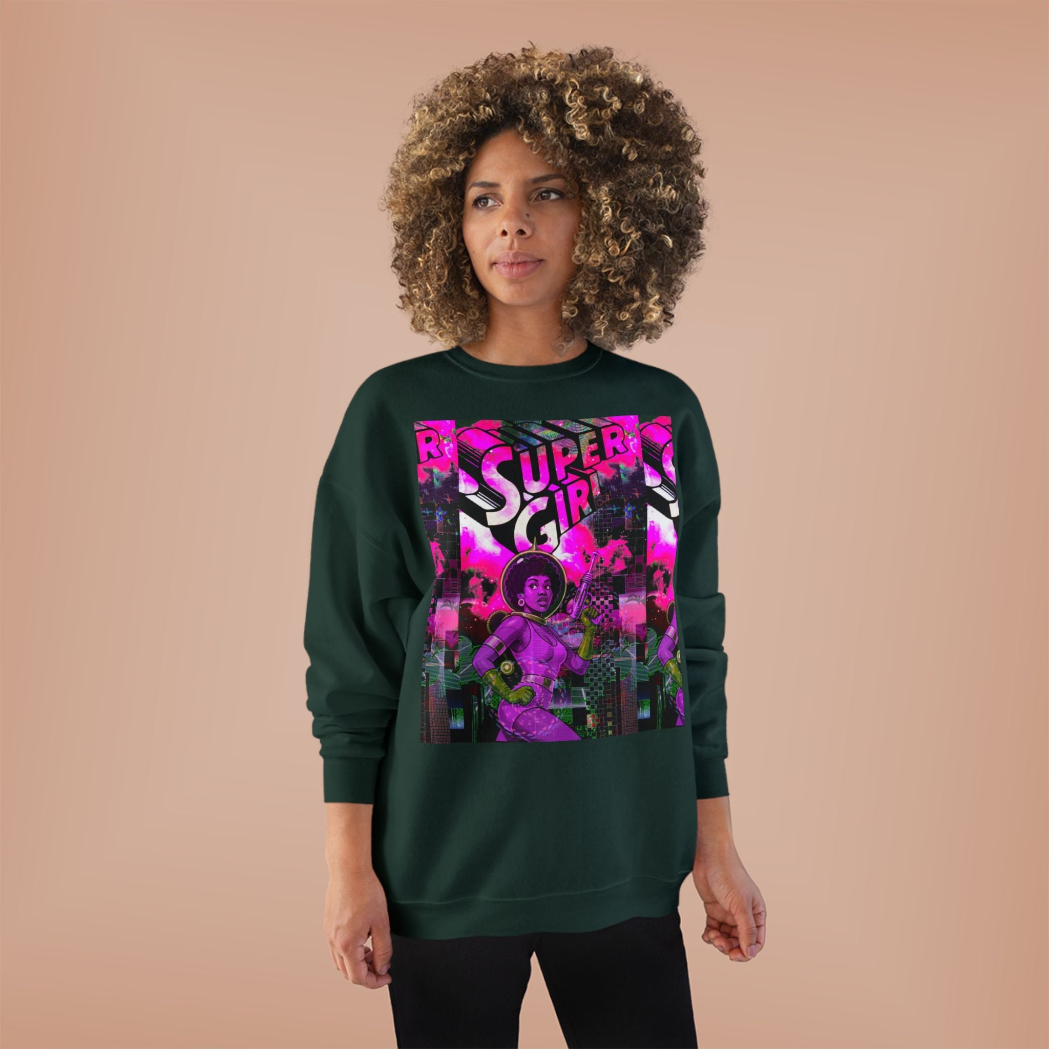 Super Girl Crewneck Sweatshirt — Retro Neon Comic Graphic