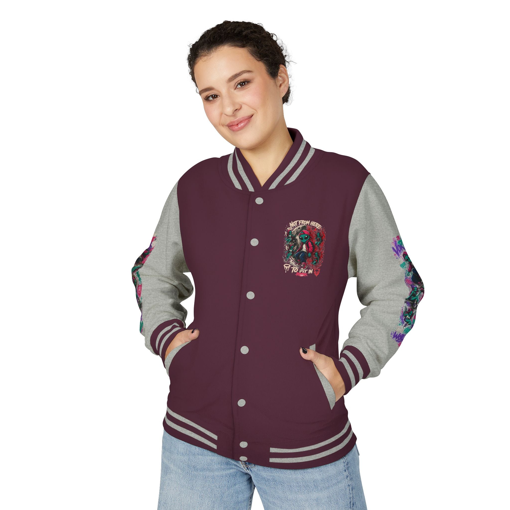 Letterman Jacket — Neon Alien Skull Graphic Varsity Jacket