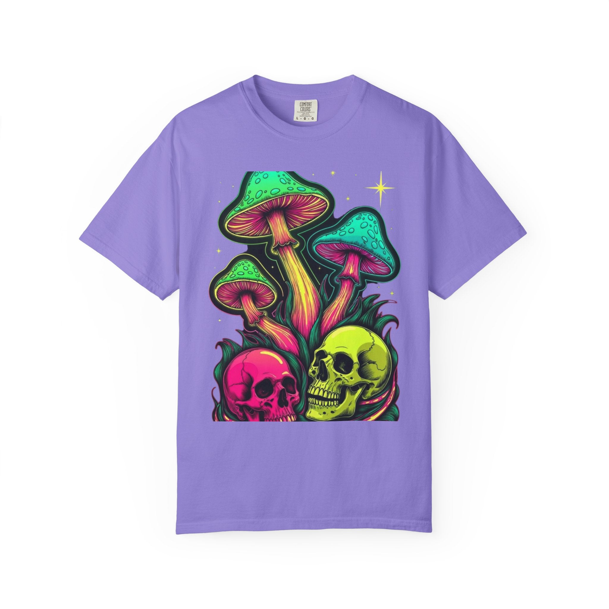 Psychedelic Mushroom & Skulls T-Shirt — Neon Trippy Graphic Tee