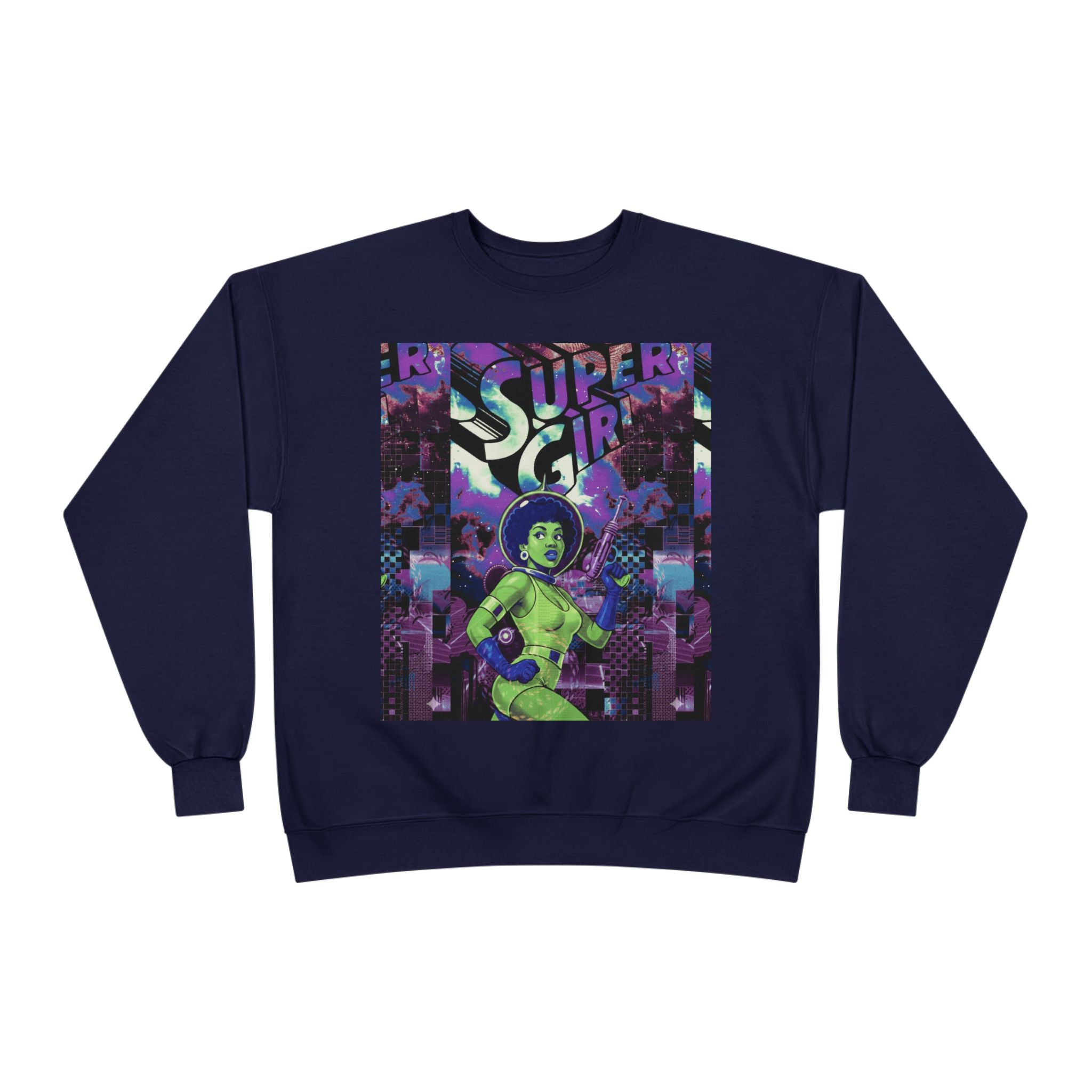 Retro Sci‑Fi 'Supergirl' Graphic Sweatshirt — Neon Space Comic Crewneck