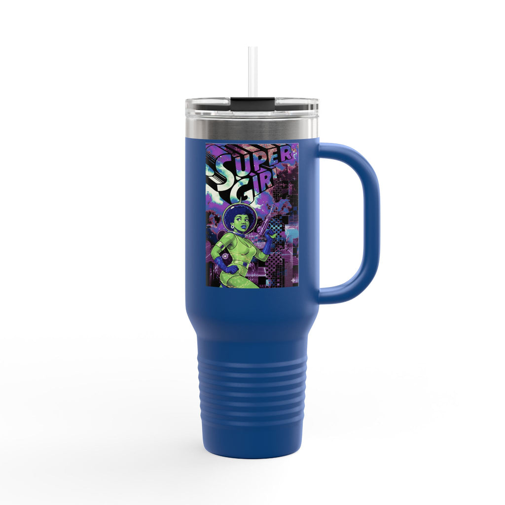40oz Insulated Travel Mug — Neon 'Supergirl' Retro Comic Design