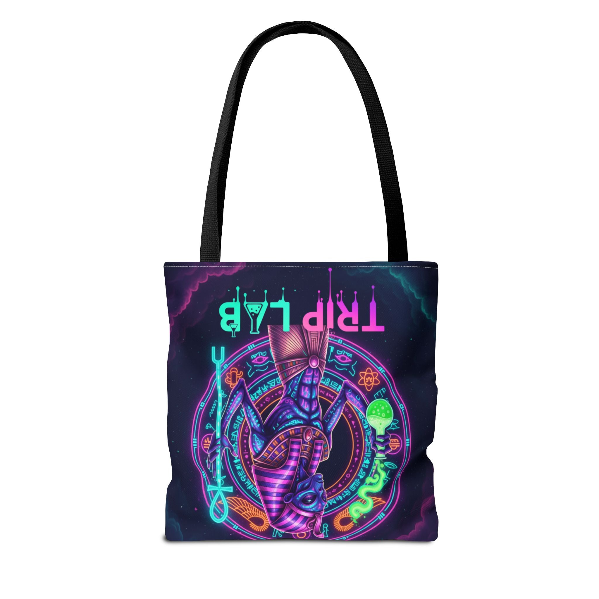 Psychedelic Trip Lab Tote Bag — Neon Ancient-Egypt Anubis All-Over Print