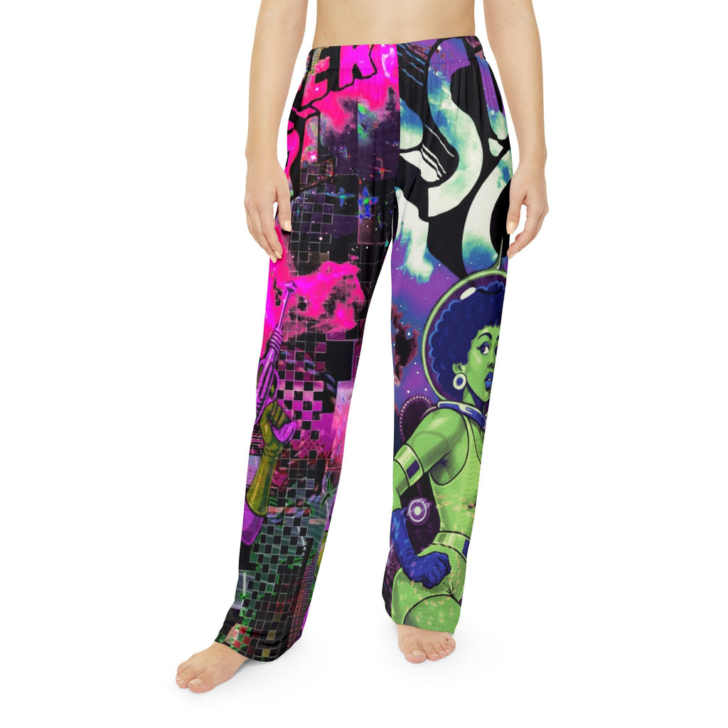 Retro Futuristic 'Super Girl' Women's Pajama Pants — Neon Afro Space Lounge Trousers