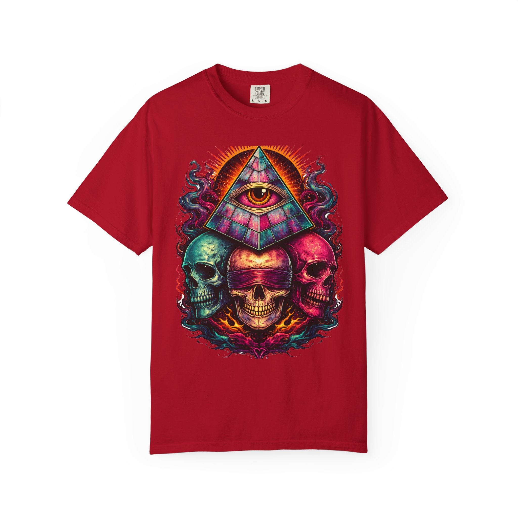 T-Shirt — Psychedelic All-Seeing Eye & Triple Skulls Graphic.       💀 i got make tags for for this Printify