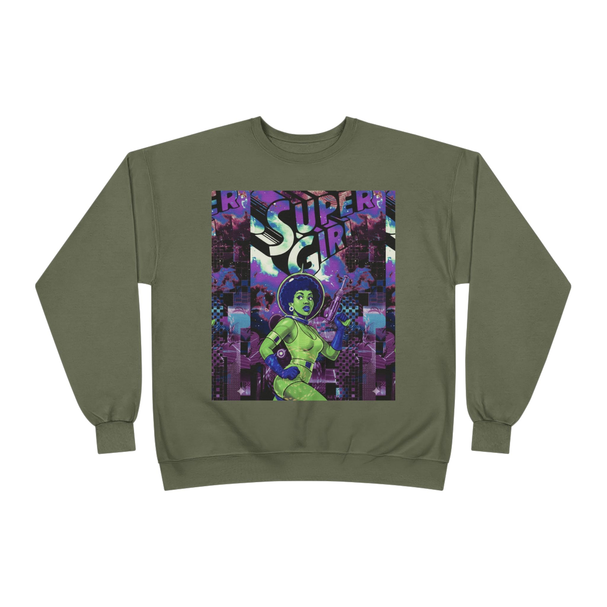 Retro Sci‑Fi 'Supergirl' Graphic Sweatshirt — Neon Space Comic Crewneck