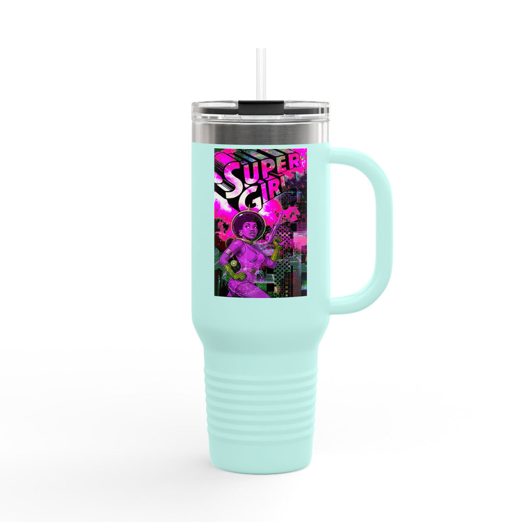 40oz Travel Mug — Neon 'Super Girl' Retro Comic Design
