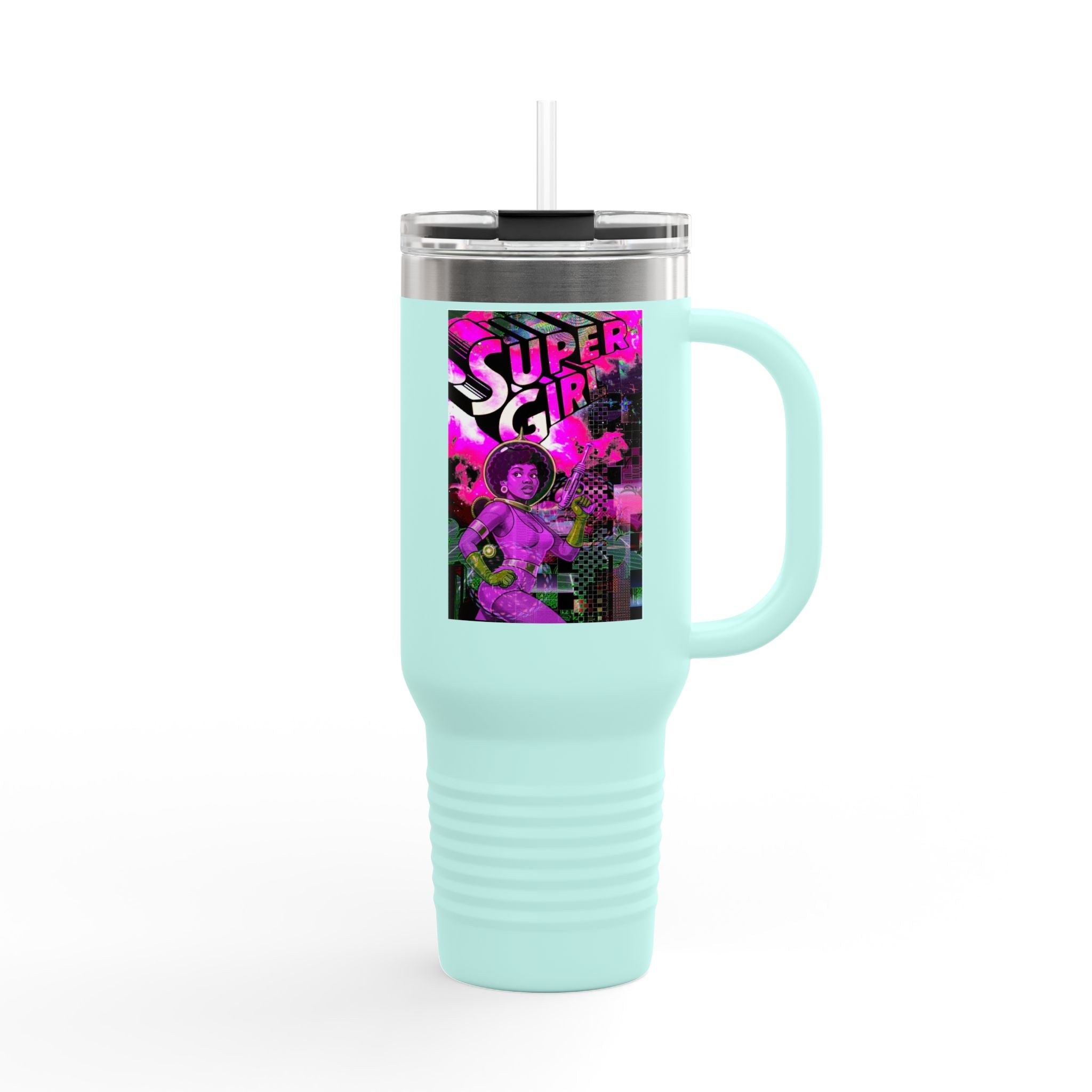40oz Travel Mug — Neon 'Super Girl' Retro Comic Design