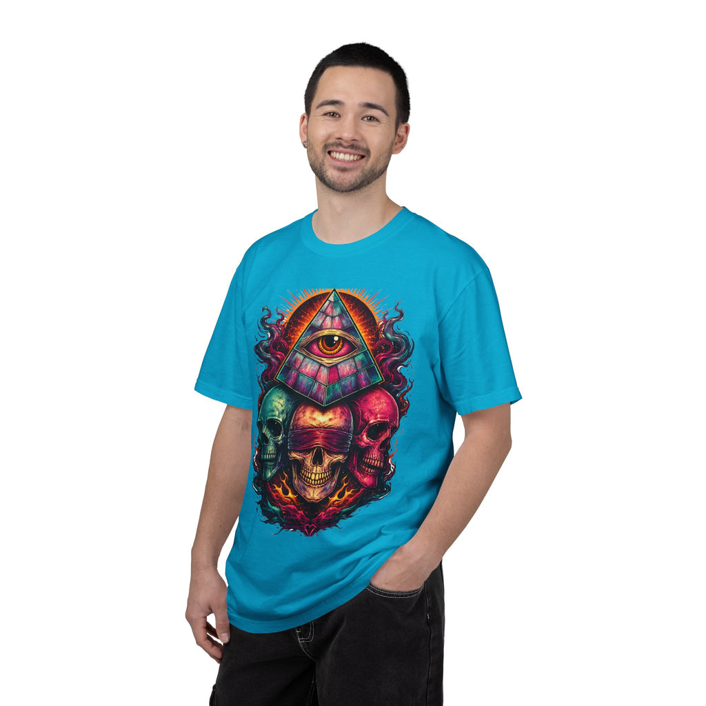 T-Shirt — Psychedelic All-Seeing Eye & Triple Skulls Graphic.       💀 i got make tags for for this Printify