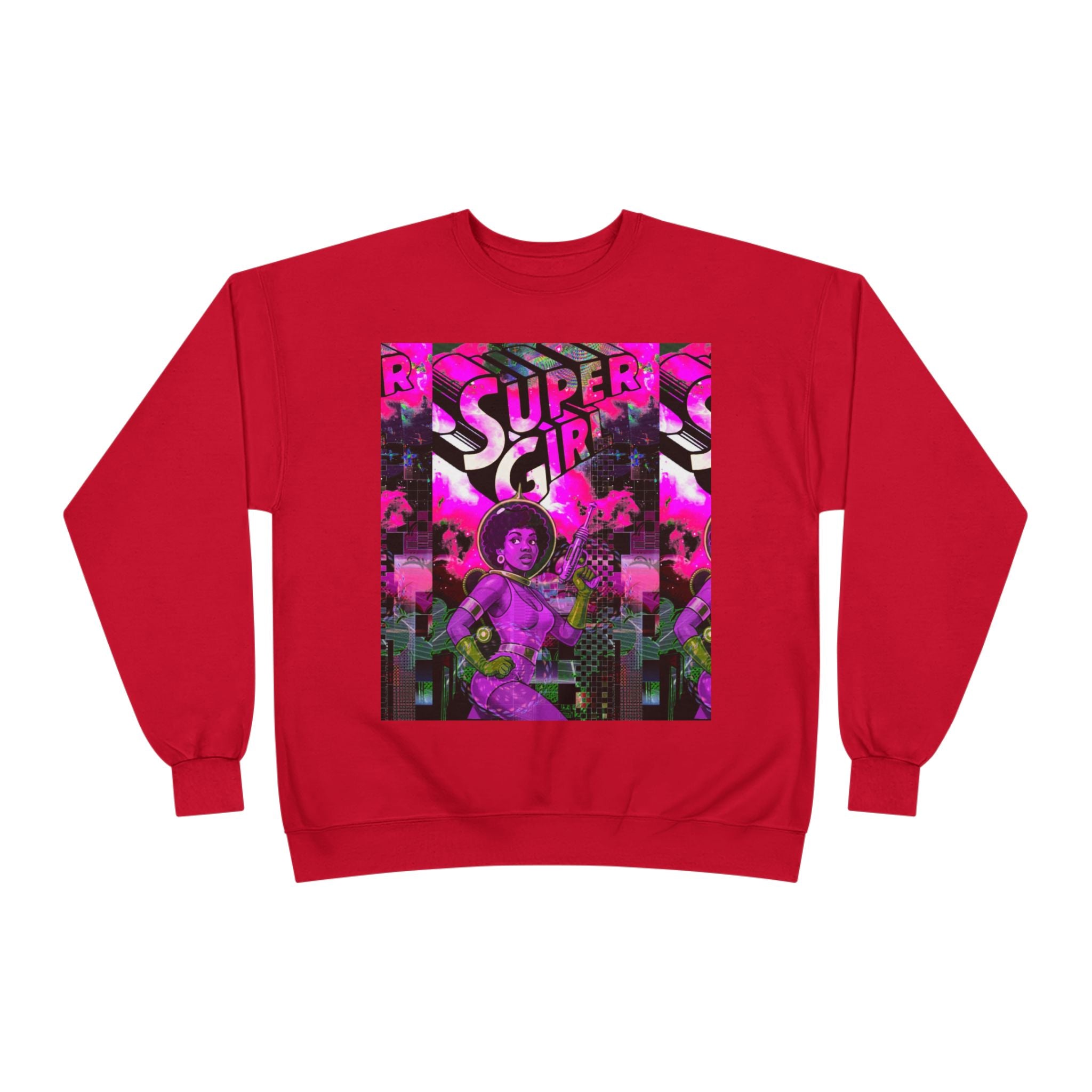 Super Girl Crewneck Sweatshirt — Retro Neon Comic Graphic