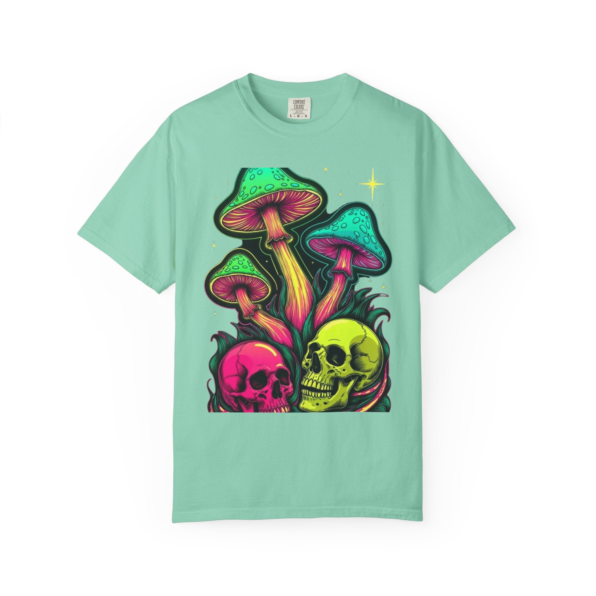 Psychedelic Mushroom & Skulls T-Shirt — Neon Trippy Graphic Tee