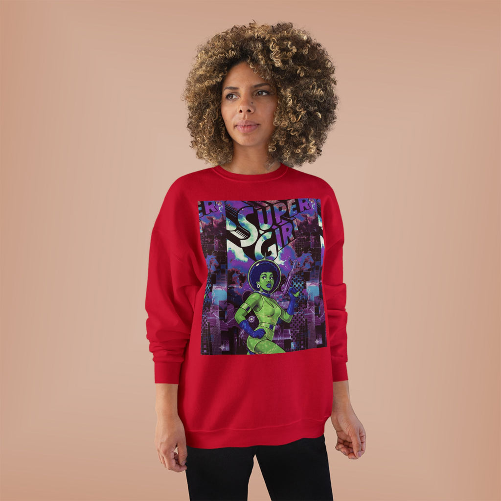 Retro Sci‑Fi 'Supergirl' Graphic Sweatshirt — Neon Space Comic Crewneck