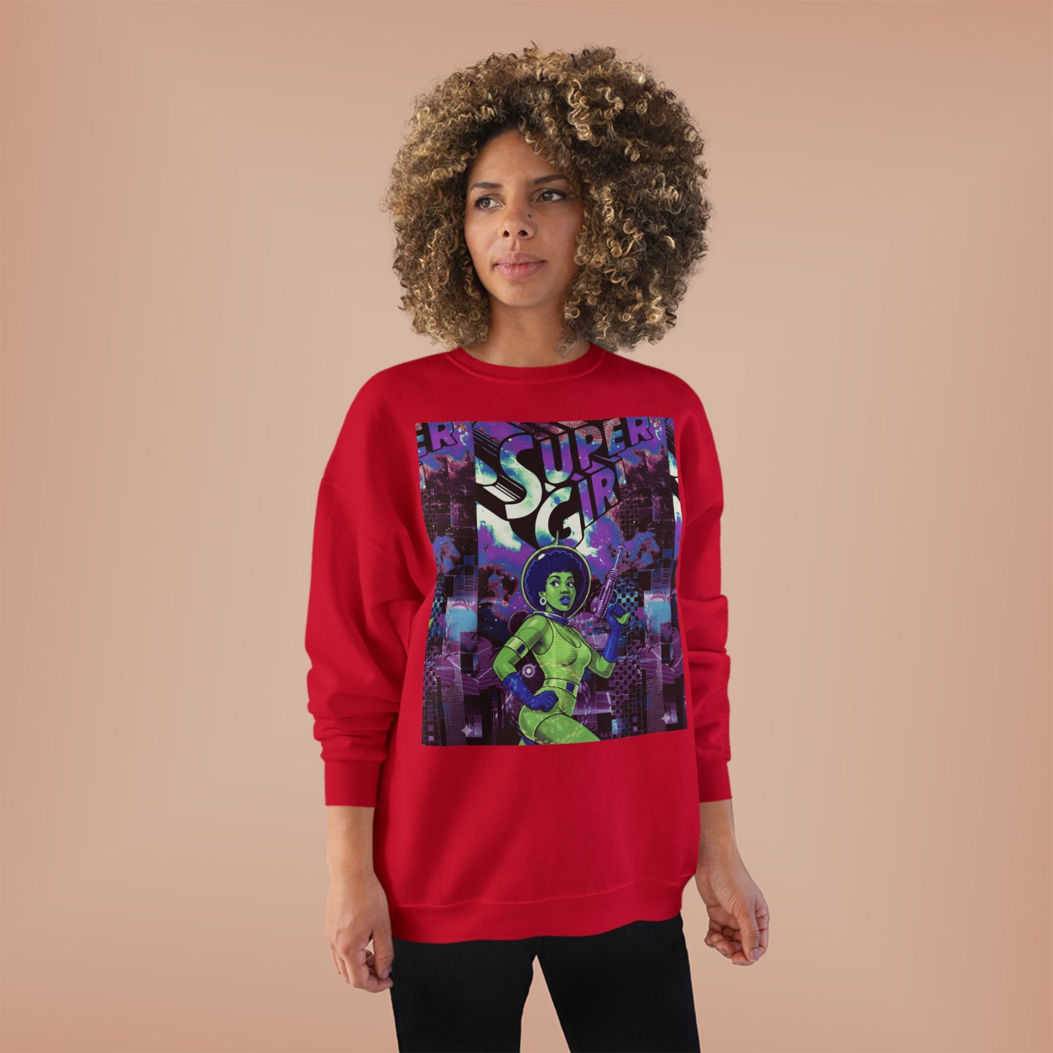 Retro Sci‑Fi 'Supergirl' Graphic Sweatshirt — Neon Space Comic Crewneck