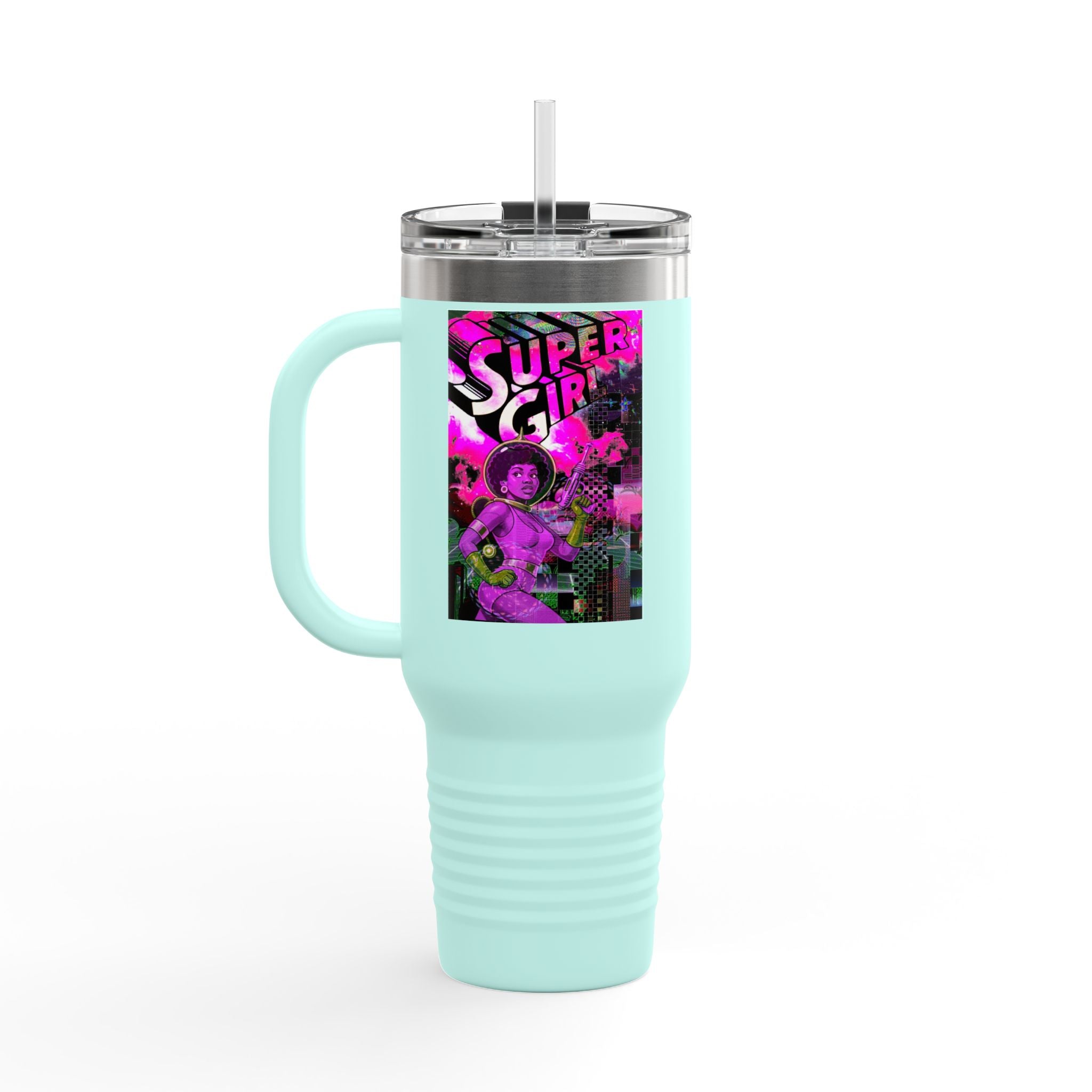 40oz Travel Mug — Neon 'Super Girl' Retro Comic Design