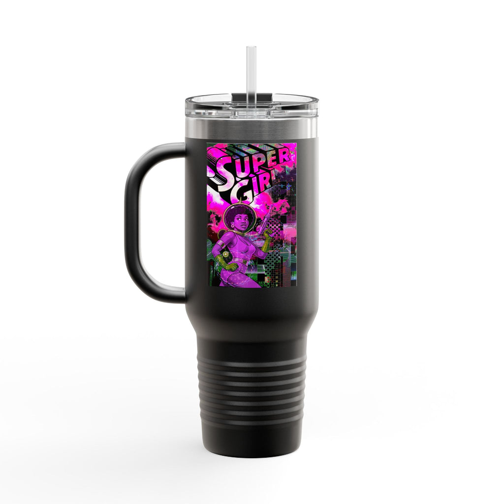 40oz Travel Mug — Neon 'Super Girl' Retro Comic Design