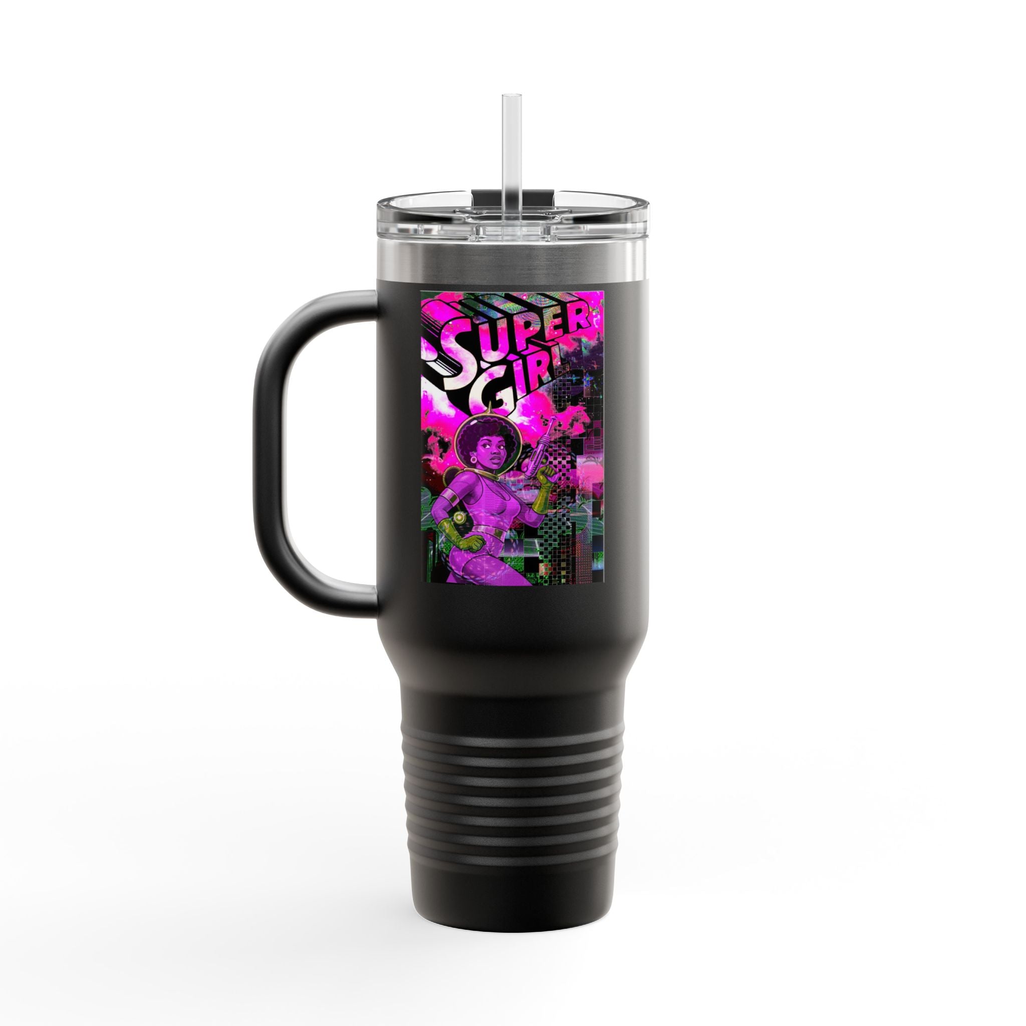 40oz Travel Mug — Neon 'Super Girl' Retro Comic Design