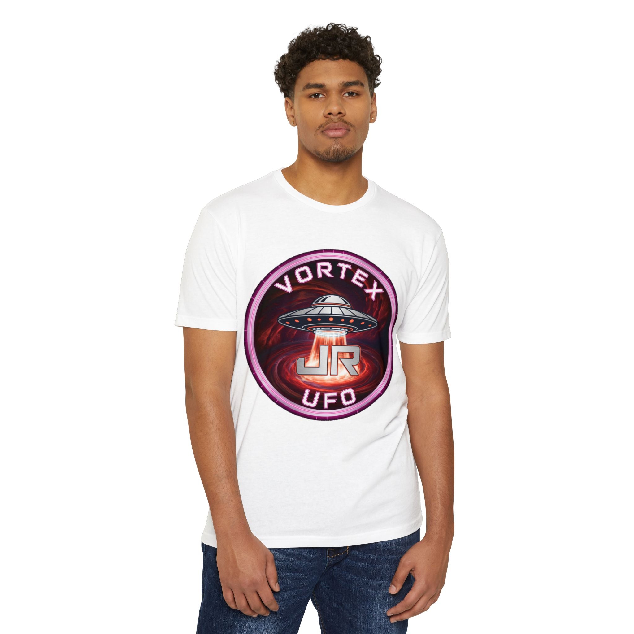 UFO Vortex Logo T-Shirt — Retro Alien Spacecraft Graphic Tee Printify