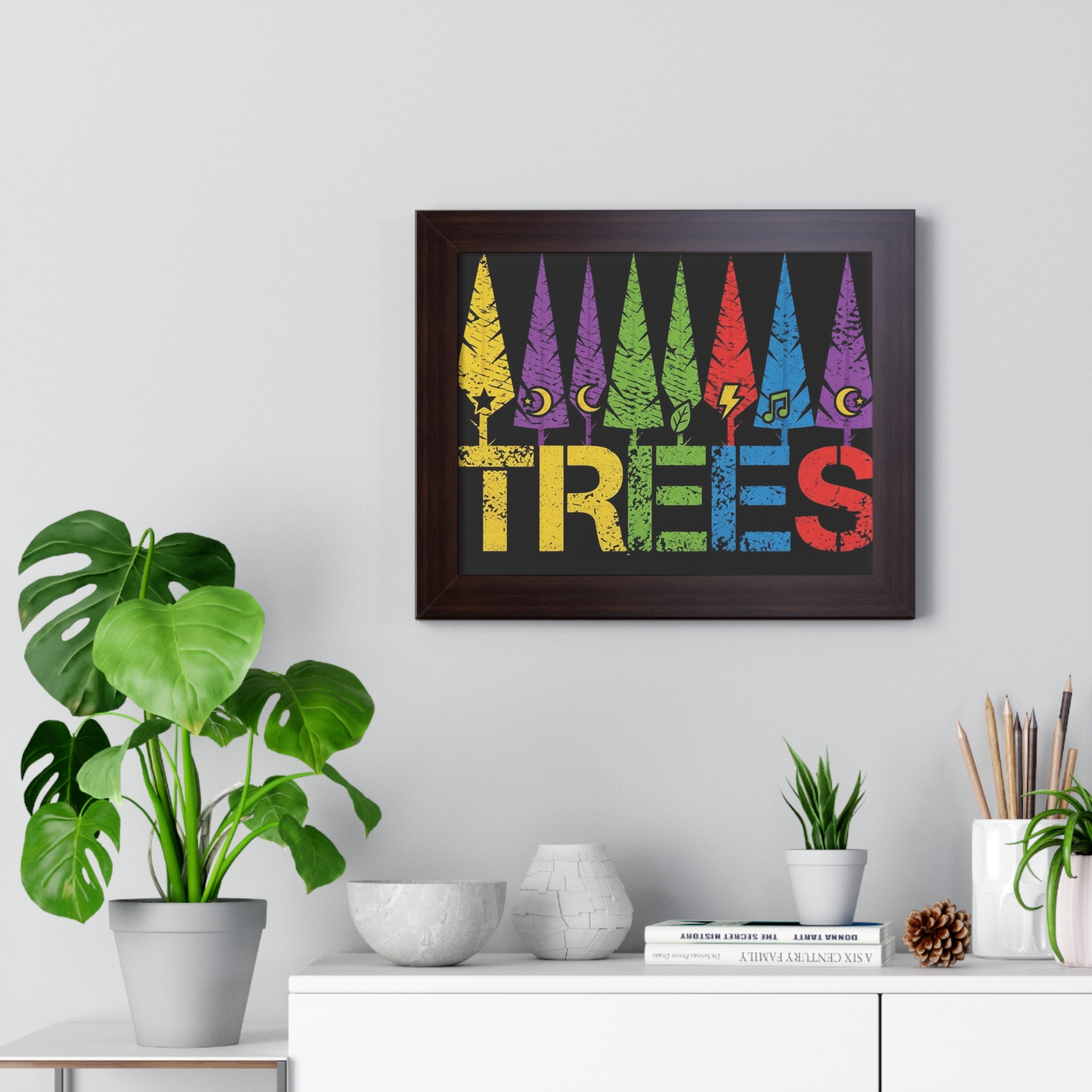 Framed Poster - Colorful 'TREES' Graphic Art Print (Rainbow Forest, Retro Distressed)
