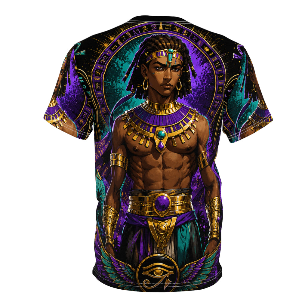 Egyptian Pharaoh Graphic Tee worn by model showing regular fit and ribbed knit collar