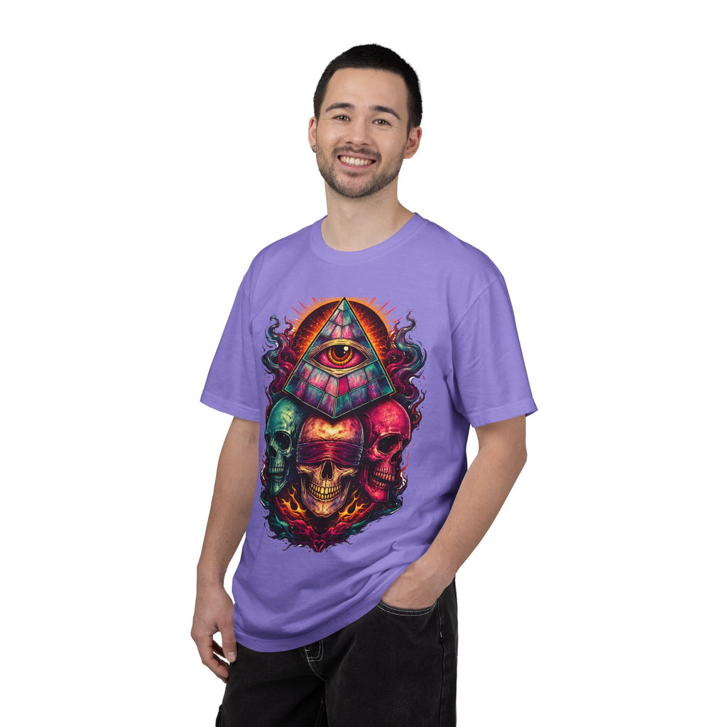 T-Shirt — Psychedelic All-Seeing Eye & Triple Skulls Graphic.       💀 i got make tags for for this Printify