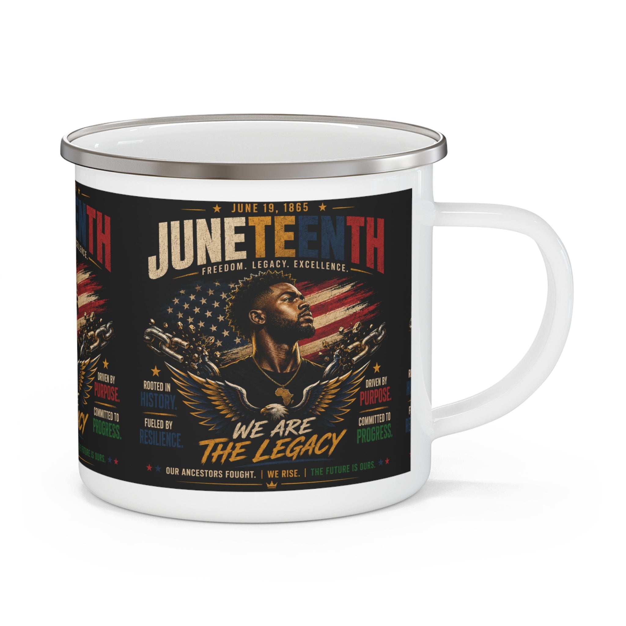 Juneteenth Enamel Camping Mug — "We Are The Legacy" Patriotic Celebration Cup