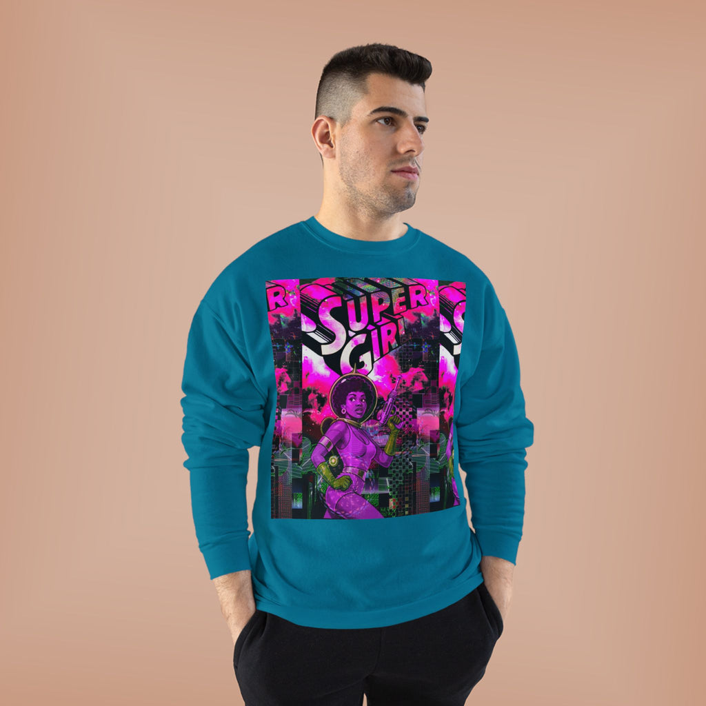 Super Girl Crewneck Sweatshirt — Retro Neon Comic Graphic