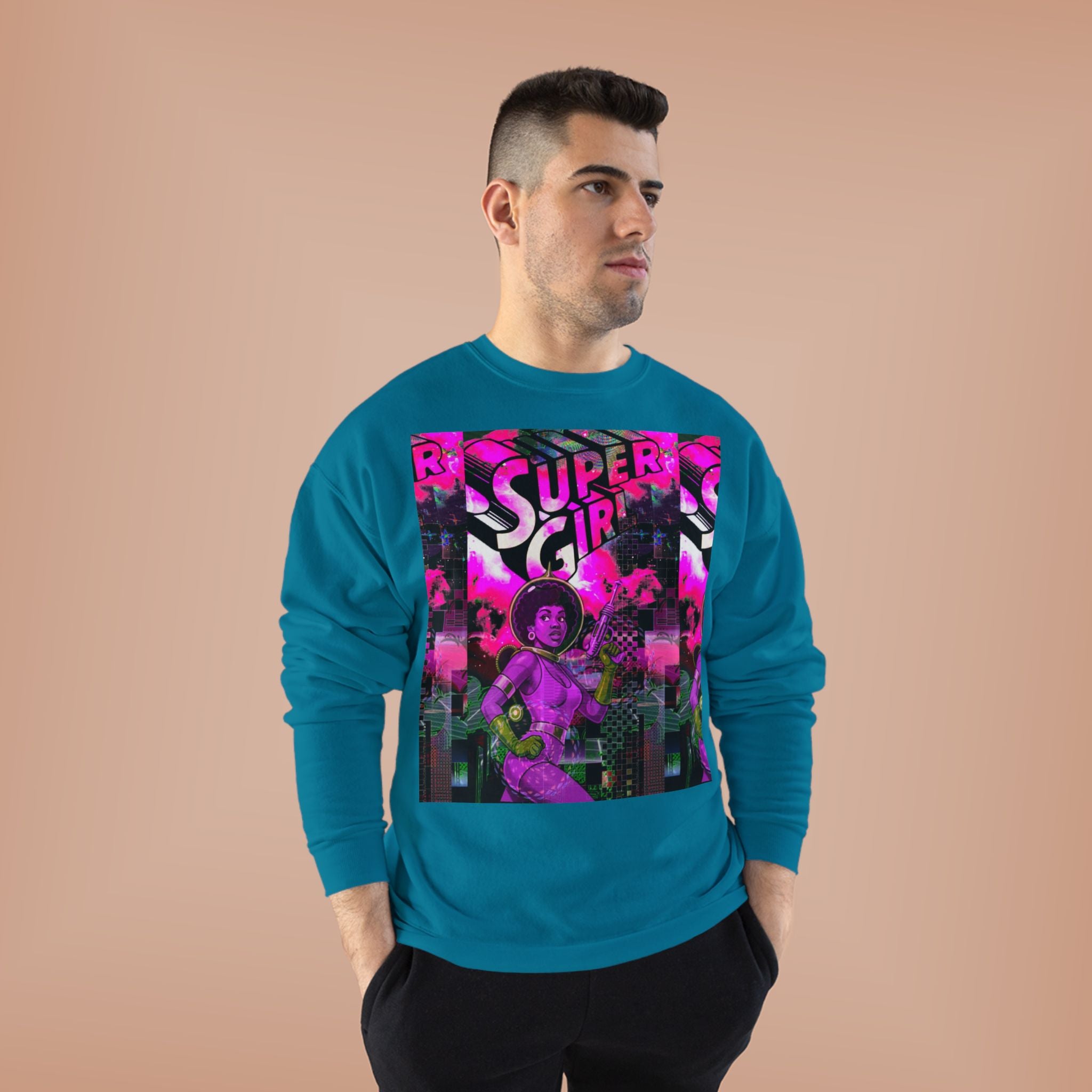 Super Girl Crewneck Sweatshirt — Retro Neon Comic Graphic