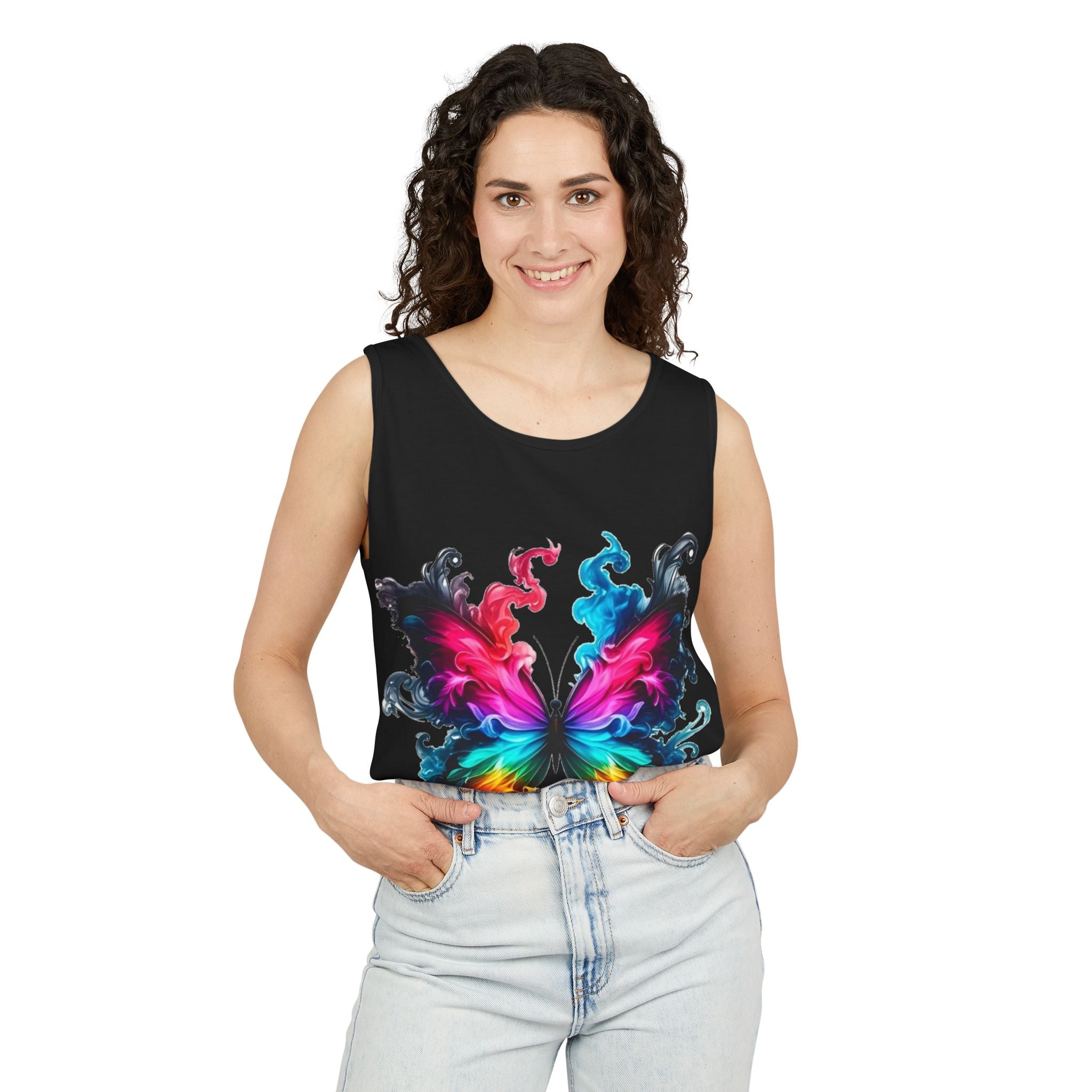 Vibrant Butterfly Design Unisex Tank Top | Colorful Summer Sleeveless Shirt, Gift for Nature Lovers, Festival Wear, Eco-Friendly Fashion Printify