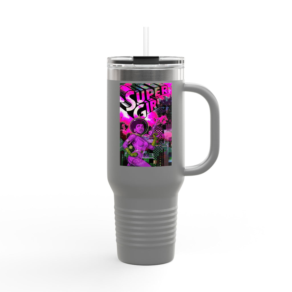 40oz Travel Mug — Neon 'Super Girl' Retro Comic Design