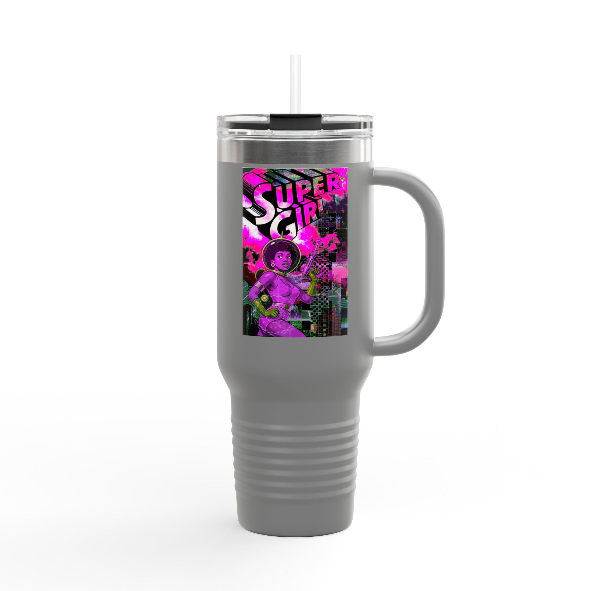 40oz Travel Mug — Neon 'Super Girl' Retro Comic Design