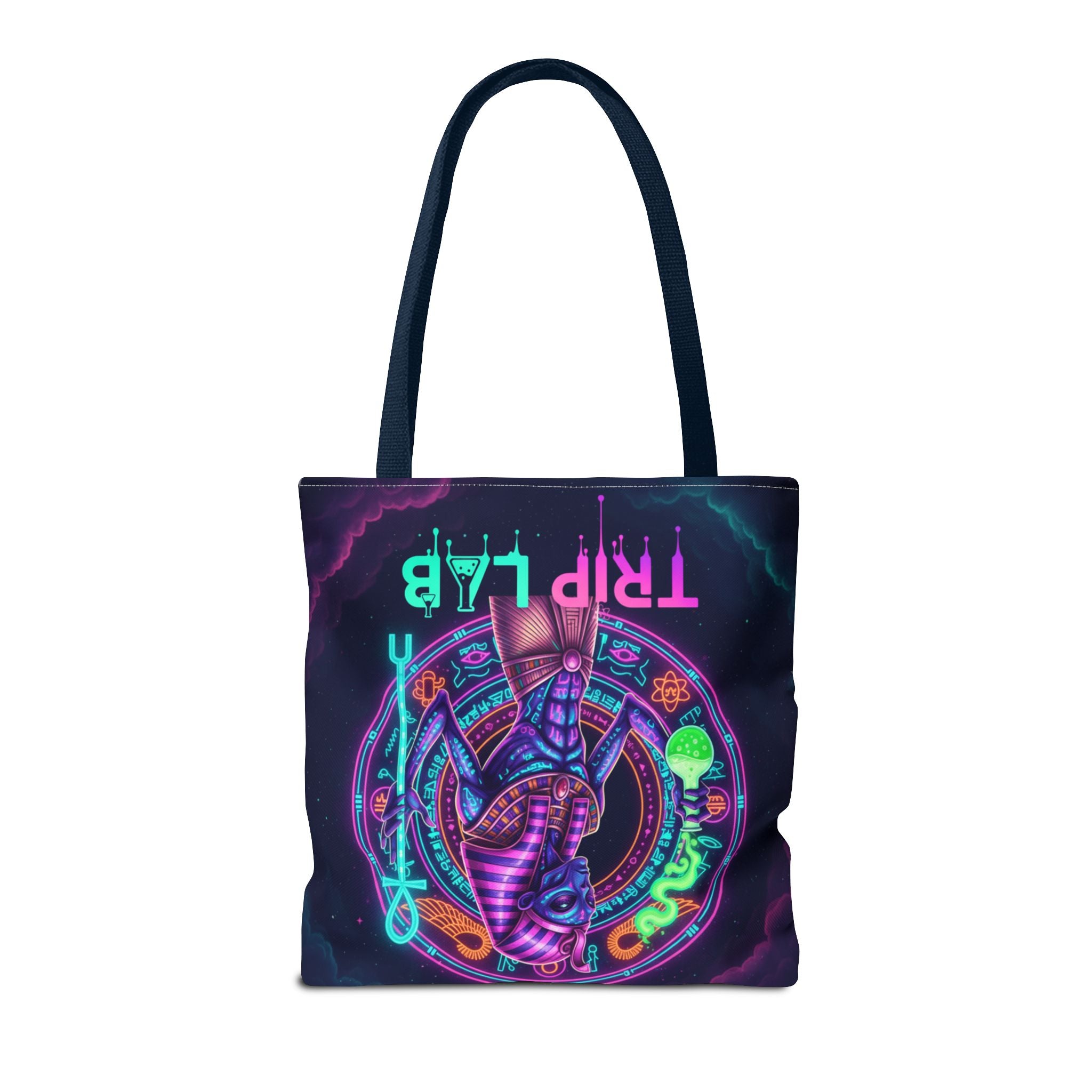 Psychedelic Trip Lab Tote Bag — Neon Ancient-Egypt Anubis All-Over Print