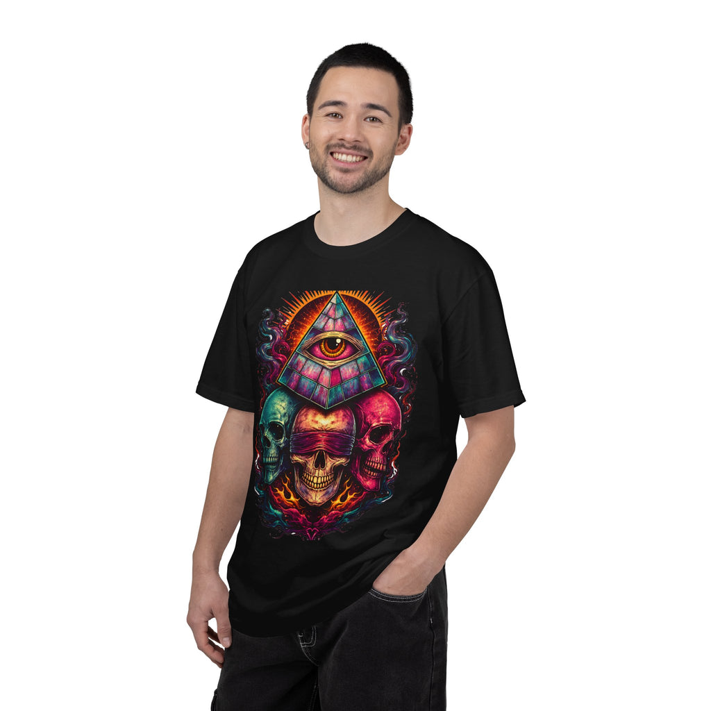 T-Shirt — Psychedelic All-Seeing Eye & Triple Skulls Graphic.       💀 i got make tags for for this Printify