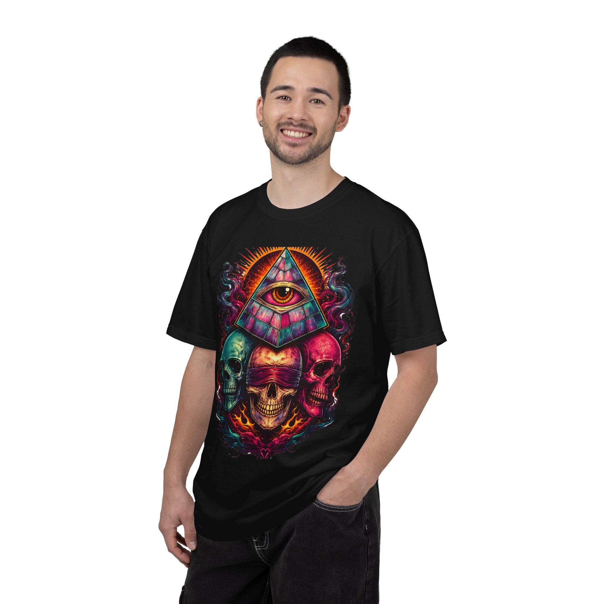 T-Shirt — Psychedelic All-Seeing Eye & Triple Skulls Graphic.       💀 i got make tags for for this Printify
