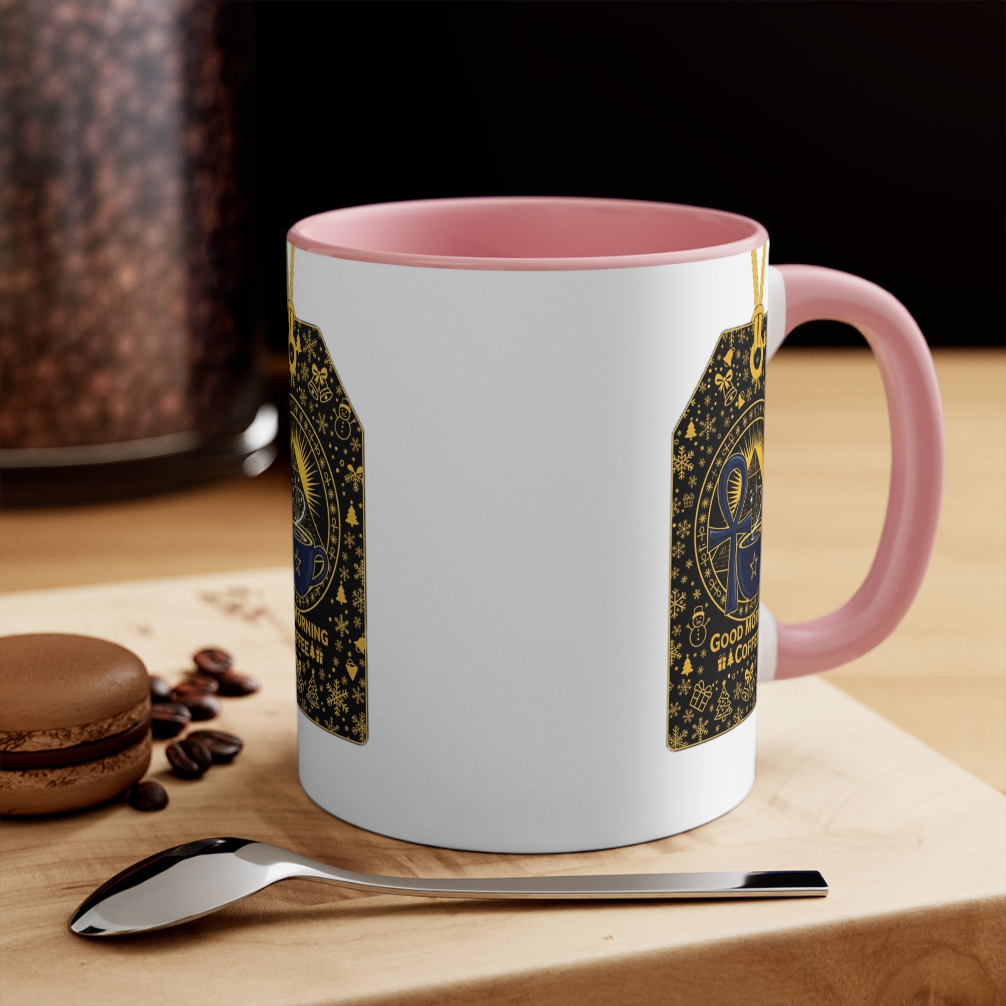 Good Morning Coffee Accent Mug — Pink Interior Ceramic Coffee Mug with Gold Tarot Tag Design