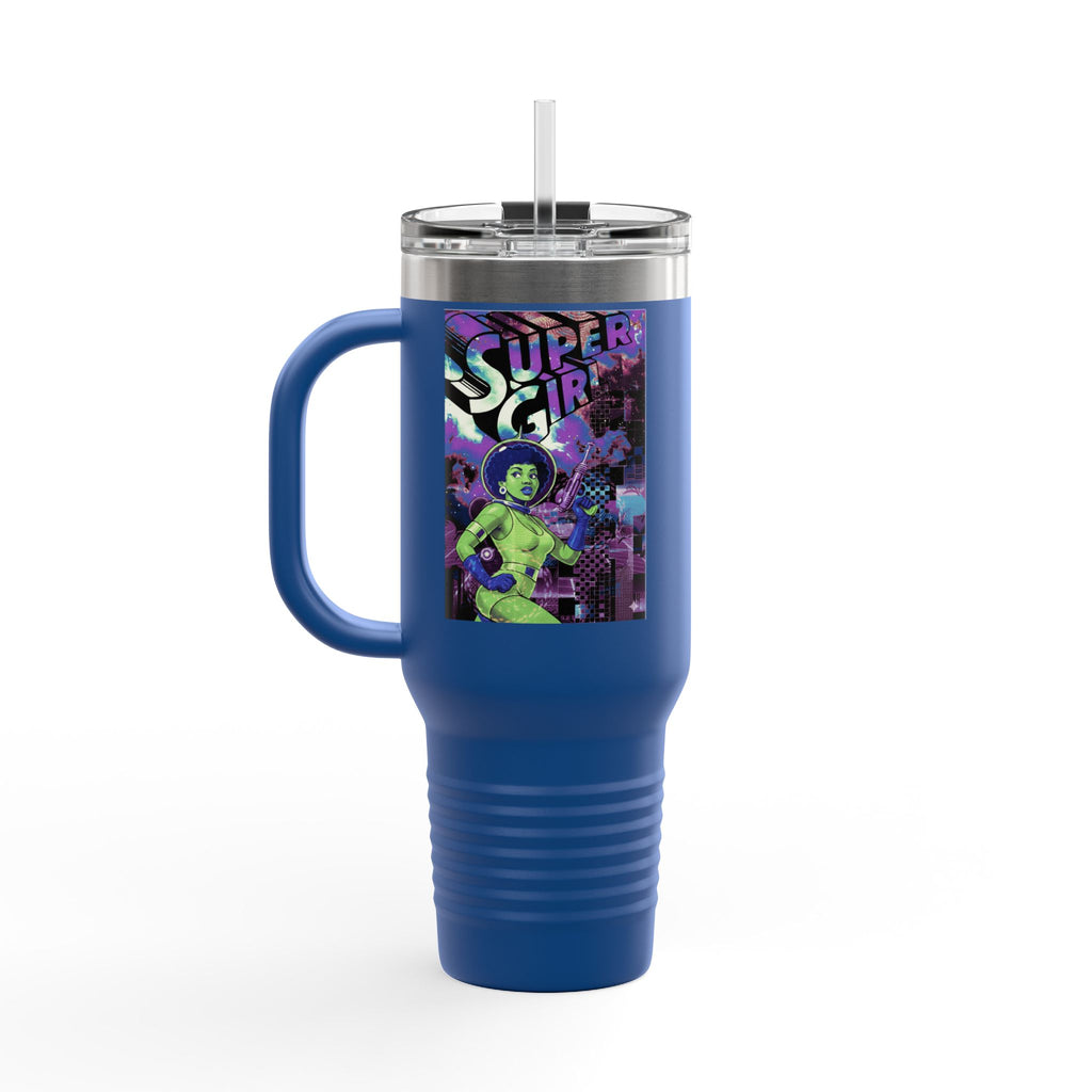 40oz Insulated Travel Mug — Neon 'Supergirl' Retro Comic Design