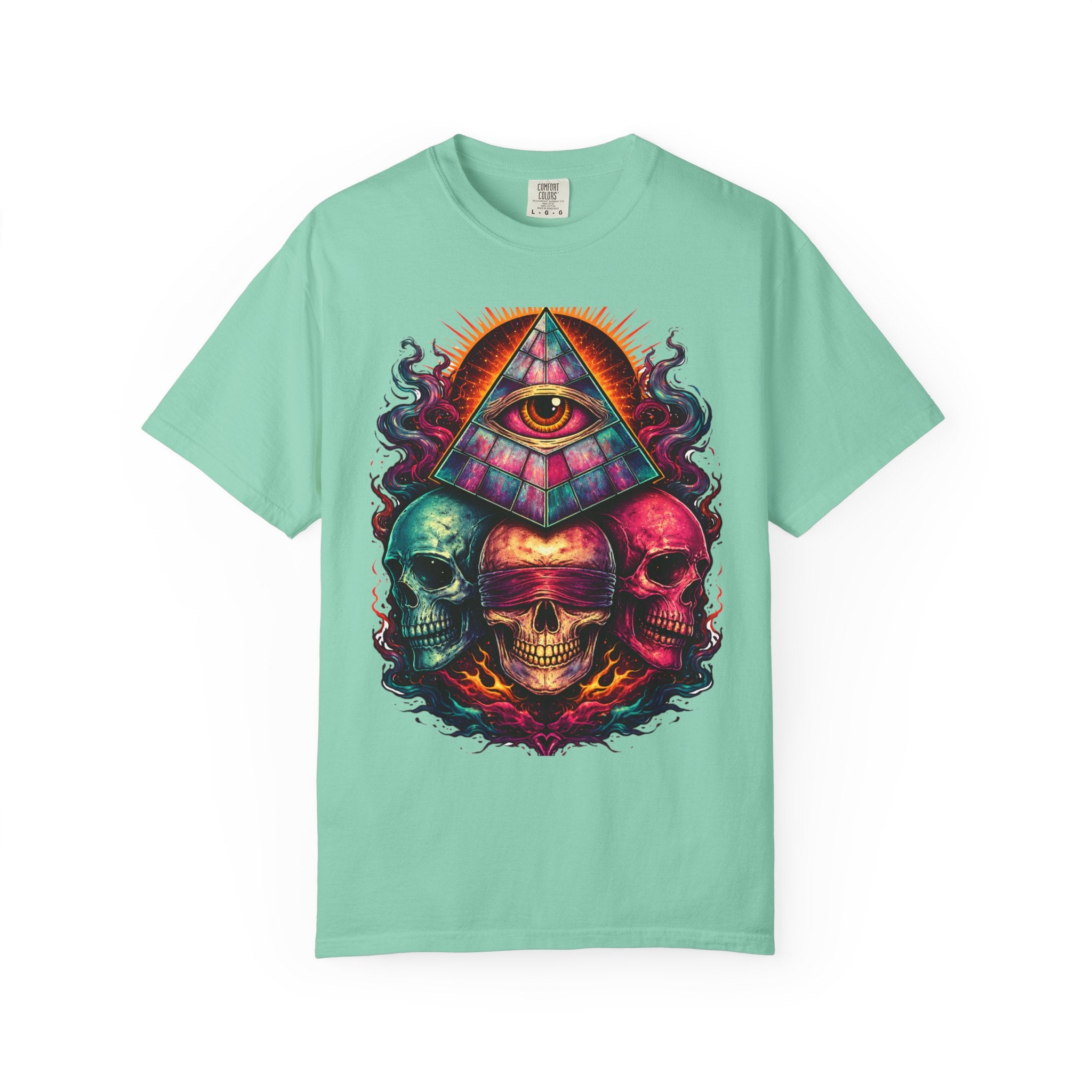 T-Shirt — Psychedelic All-Seeing Eye & Triple Skulls Graphic.       💀 i got make tags for for this Printify