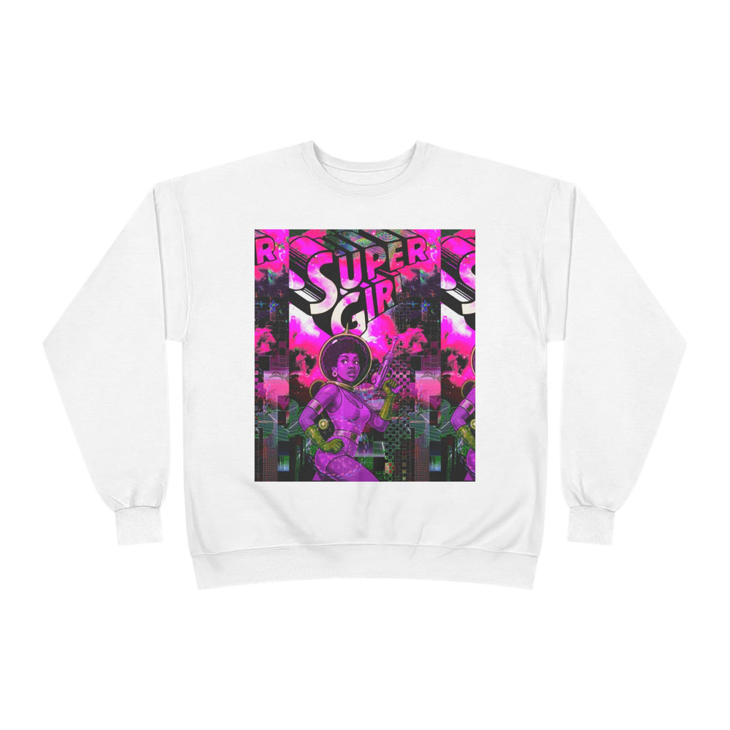 Super Girl Crewneck Sweatshirt — Retro Neon Comic Graphic