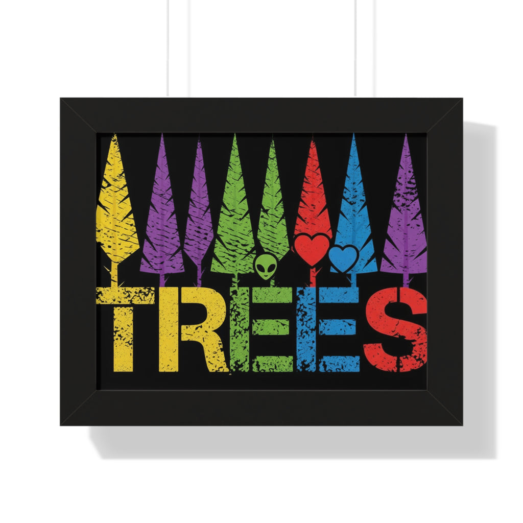 Framed Poster - Colorful Retro 'TREES' Art Print (Rainbow Forest with Heart & Alien Icons)