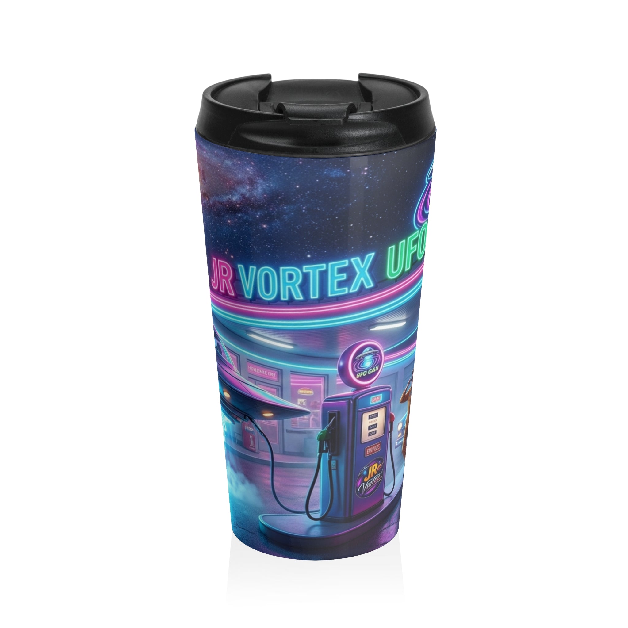 UFO Diner Stainless Steel Travel Mug — Retro Neon Space Vortex Design