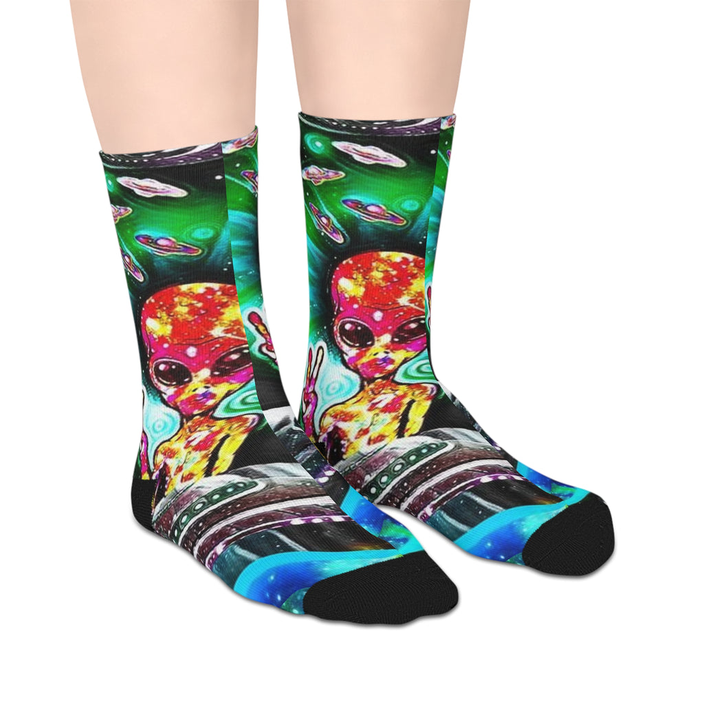 Psychedelic Space Alien Mid-Length Socks — Colorful Cosmic Trippy Design
