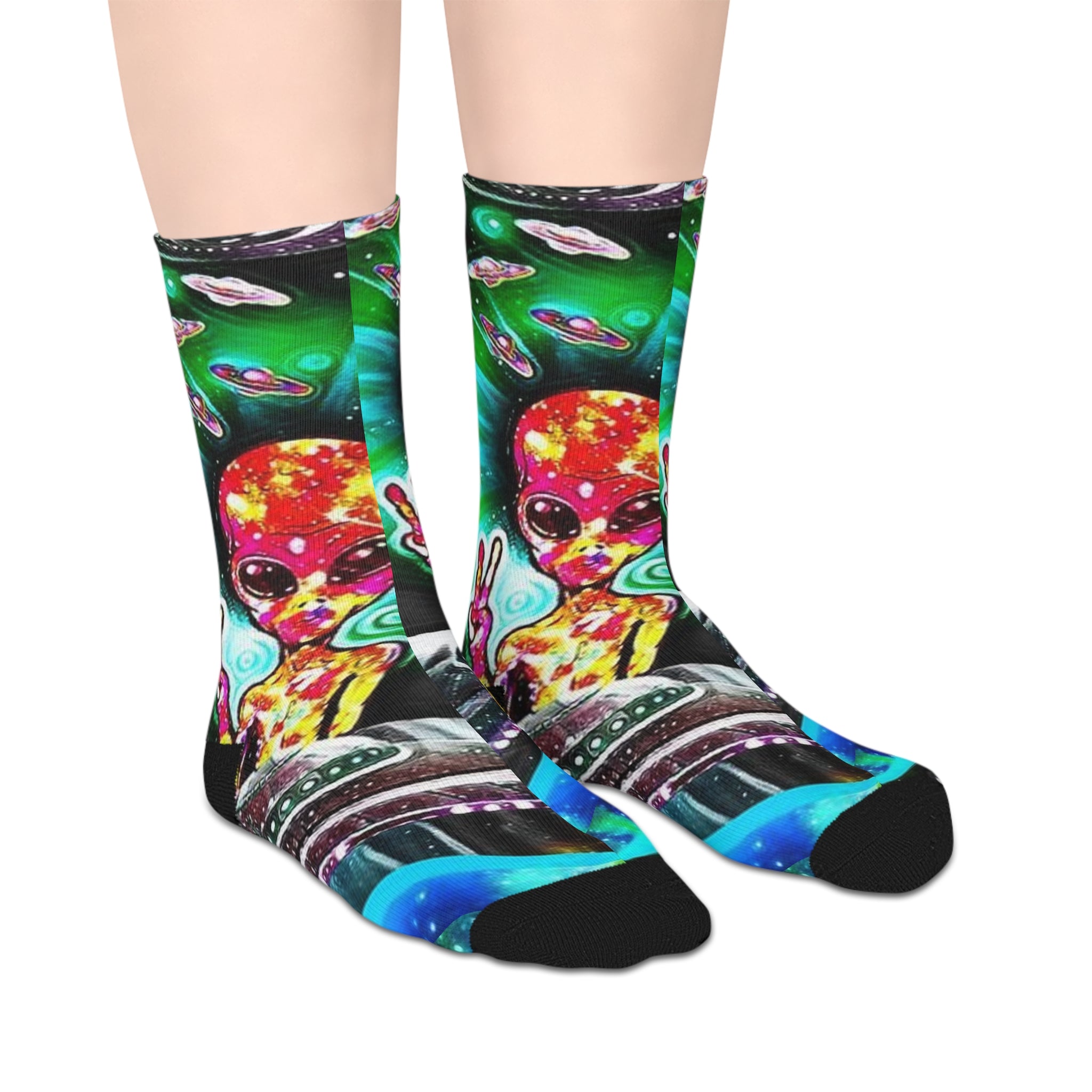 Psychedelic Space Alien Mid-Length Socks — Colorful Cosmic Trippy Design