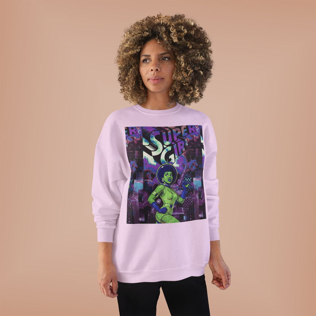 Retro Sci‑Fi 'Supergirl' Graphic Sweatshirt — Neon Space Comic Crewneck