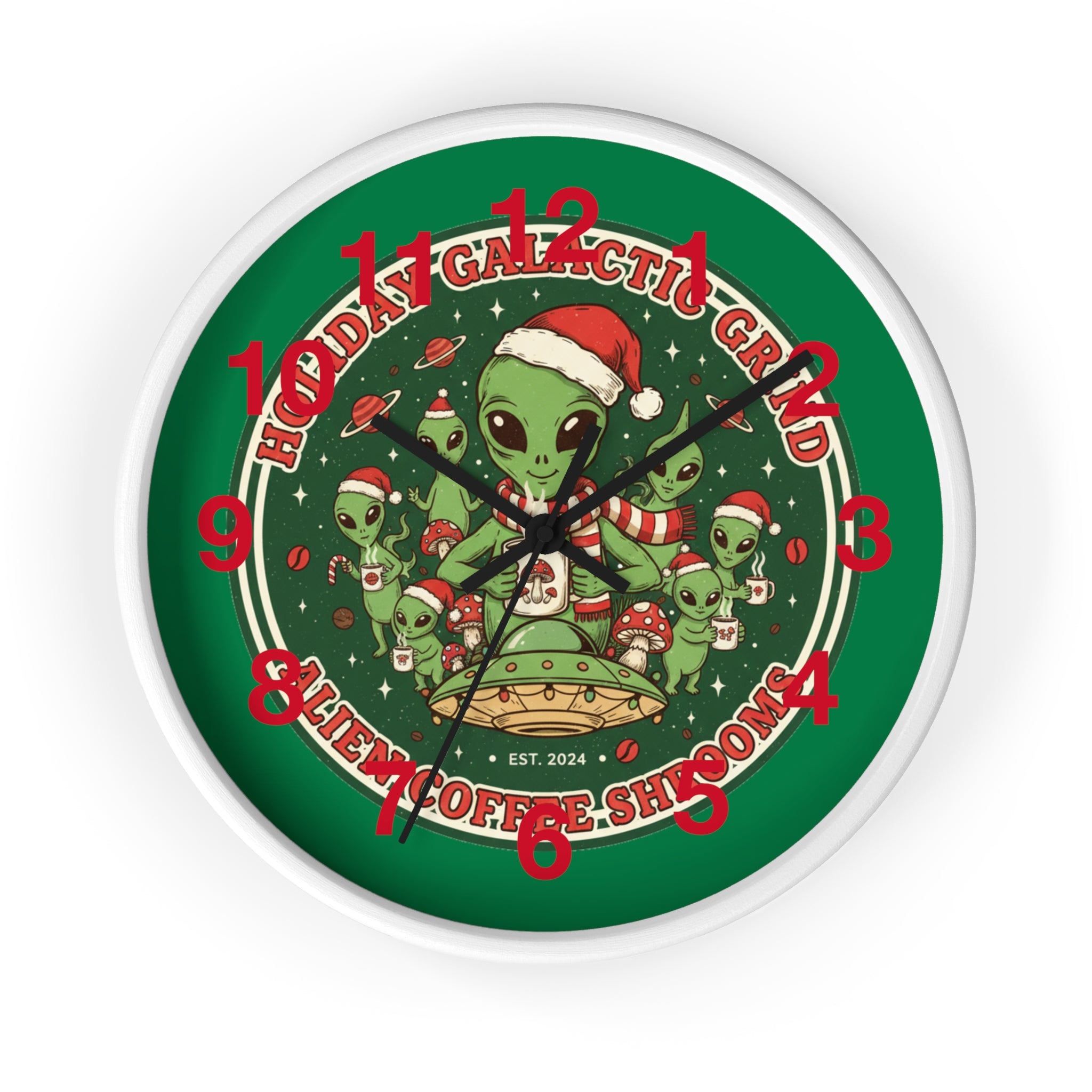 Holiday Galactic Grind Wall Clock — Alien Coffee Shop Christmas Design🎁☕️