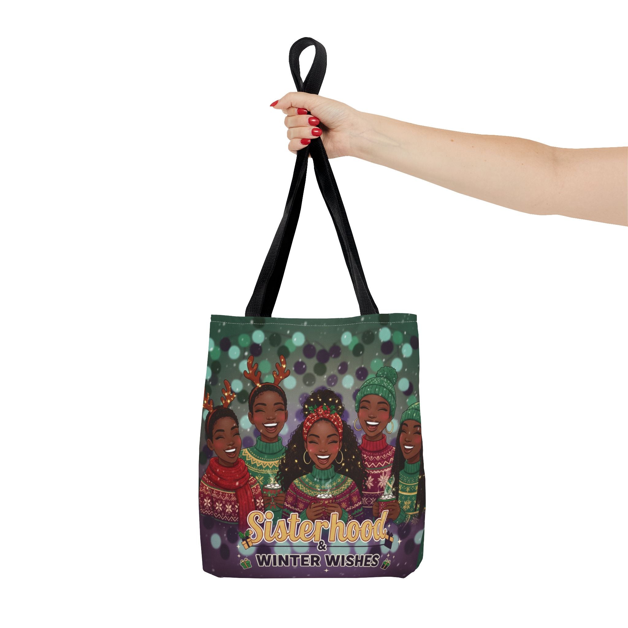 Sisterhood Winter Wishes Holiday Tote Bag — Festive Afrocentric Christmas Market Bag🎄