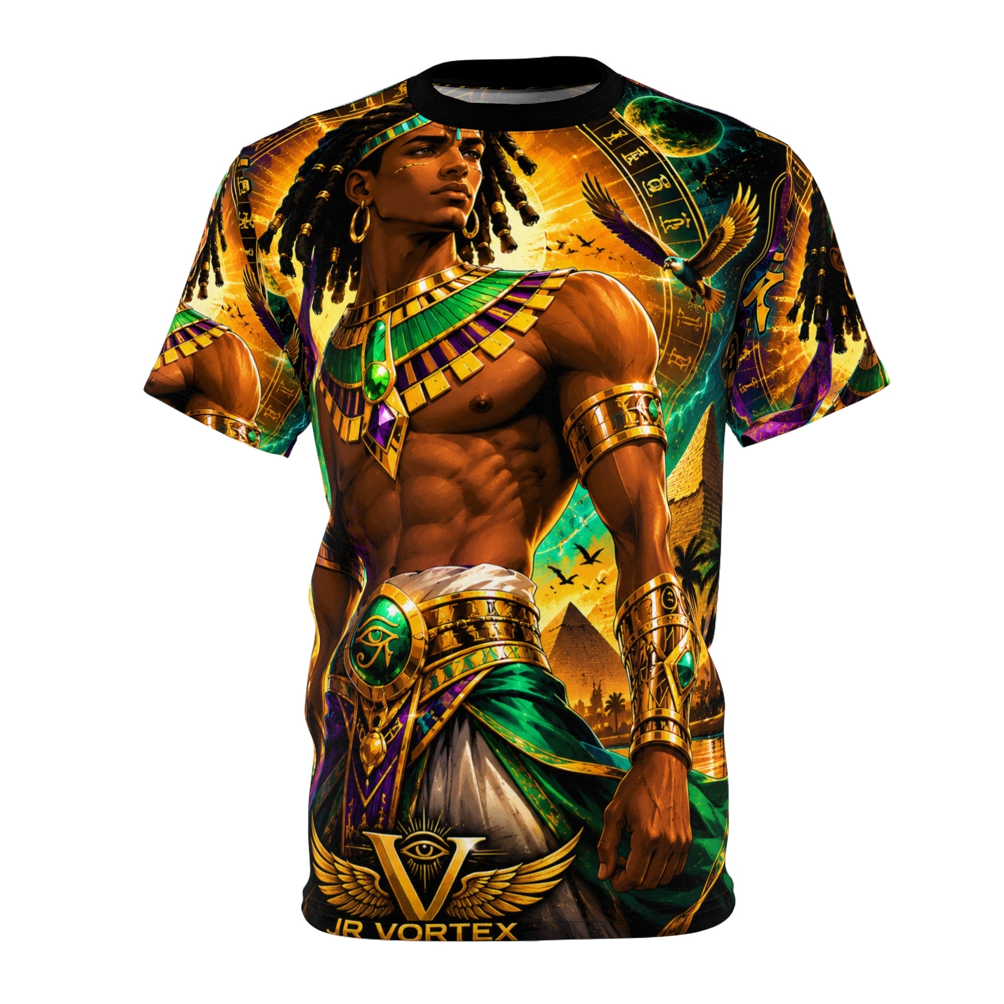 Egyptian Pharaoh Graphic Tee back view showing full all-over print design with pyramids and palms