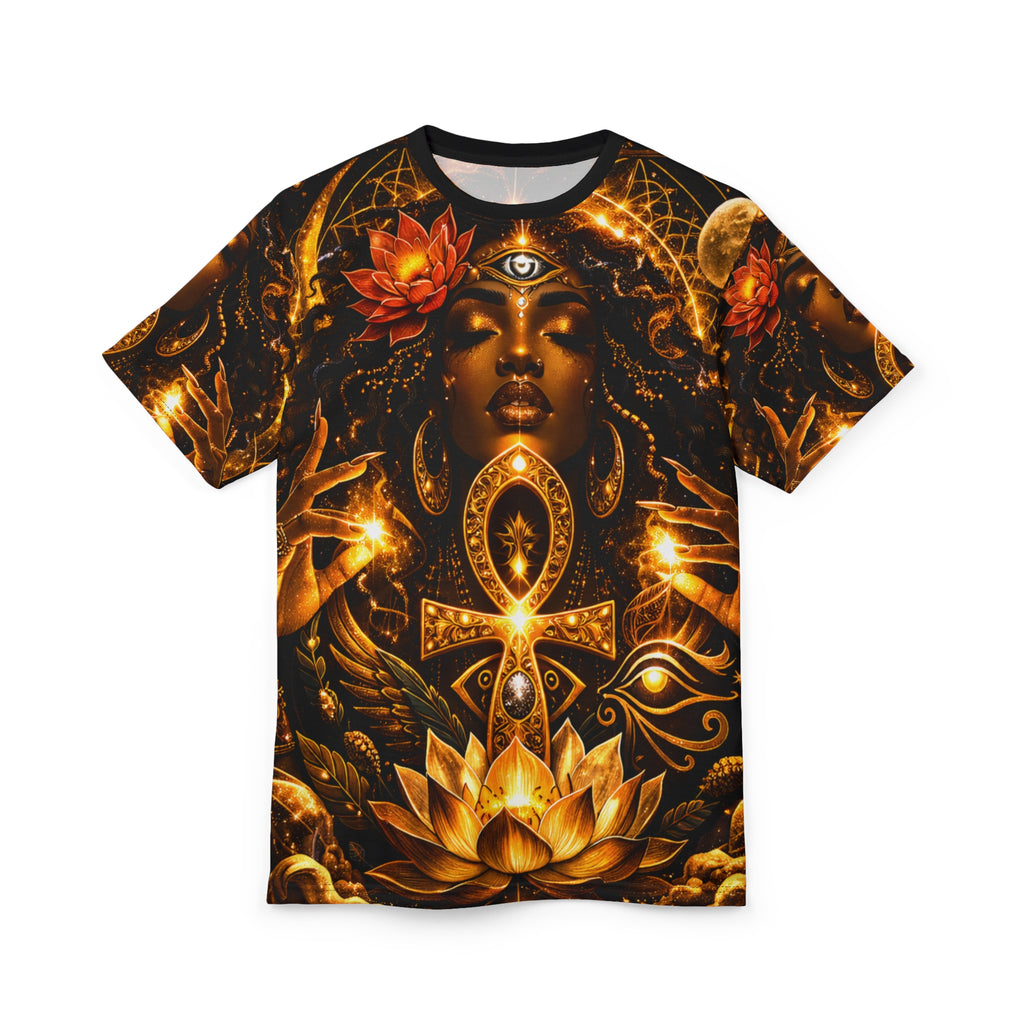 Golden Ankh Goddess AOP Tee | Sacred Feminine Unisex Cut & Sew Tee